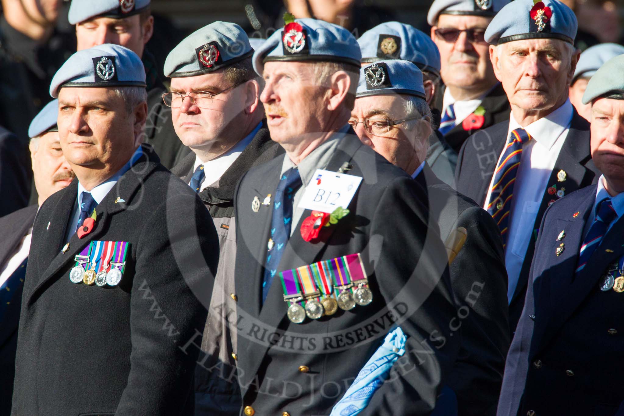 Remembrance Sunday at the Cenotaph in London 2014: Group B12 - Army Air Corps Association.
Press stand opposite the Foreign Office building, Whitehall, London SW1,
London,
Greater London,
United Kingdom,
on 09 November 2014 at 12:09, image #1628
