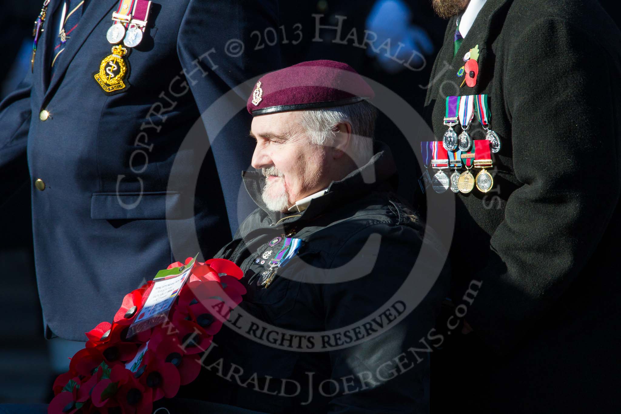 Remembrance Sunday at the Cenotaph in London 2014: Group B18 - Royal Army Medical Corps Association.
Press stand opposite the Foreign Office building, Whitehall, London SW1,
London,
Greater London,
United Kingdom,
on 09 November 2014 at 12:10, image #1713