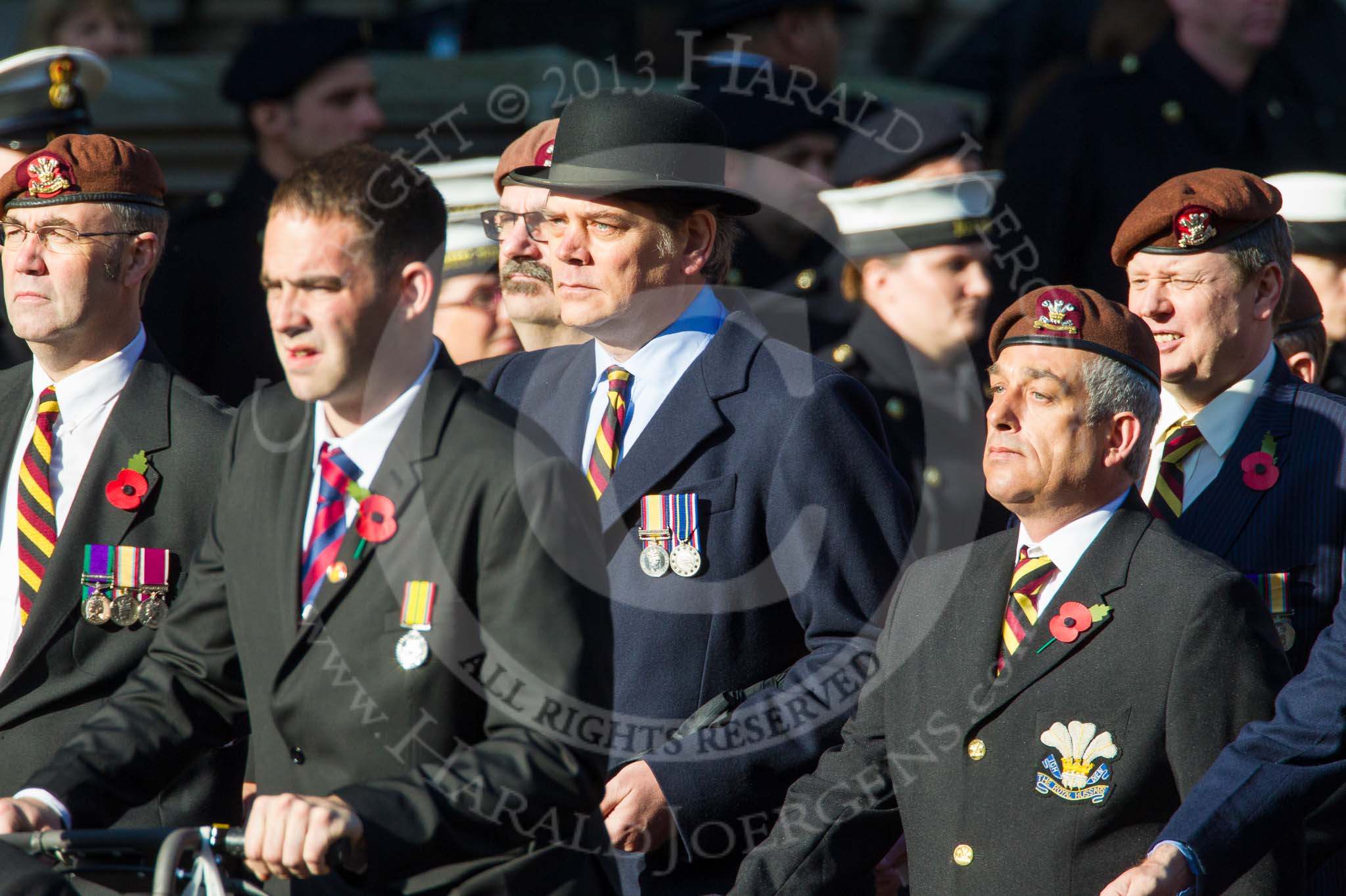 Remembrance Sunday at the Cenotaph in London 2014: Group B29 - Queen's Royal Hussars (The Queen's Own & Royal Irish).
Press stand opposite the Foreign Office building, Whitehall, London SW1,
London,
Greater London,
United Kingdom,
on 09 November 2014 at 12:12, image #1831