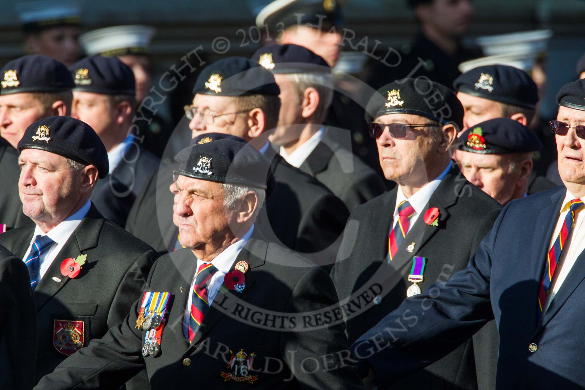 Remembrance Sunday at the Cenotaph in London 2014: Group B30 - 16/5th Queen's Royal Lancers.
Press stand opposite the Foreign Office building, Whitehall, London SW1,
London,
Greater London,
United Kingdom,
on 09 November 2014 at 12:13, image #1894