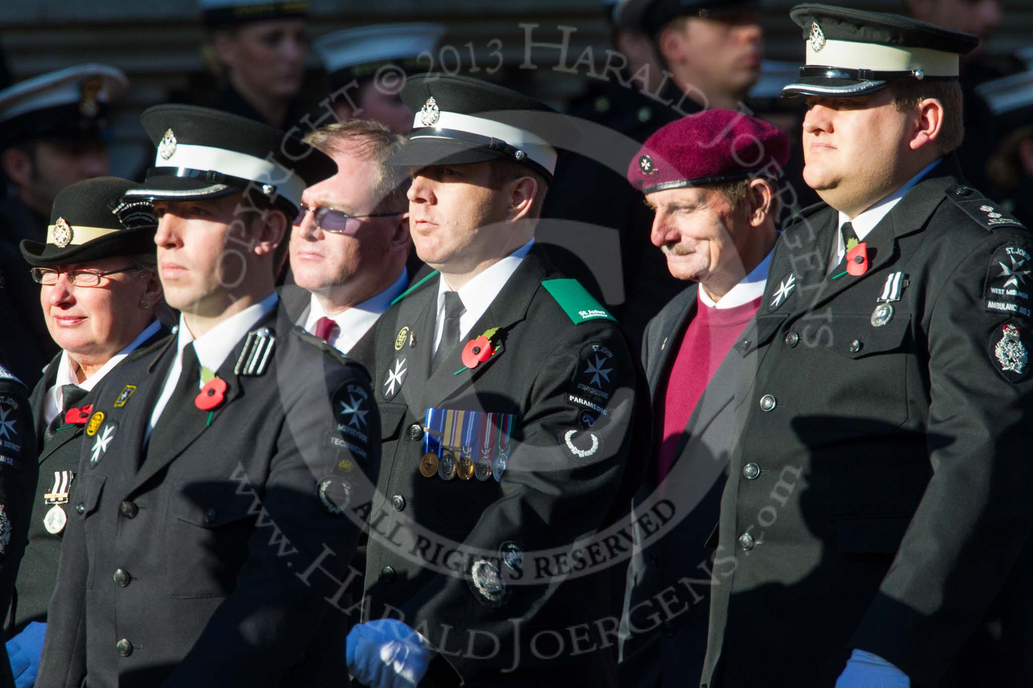 Remembrance Sunday at the Cenotaph in London 2014: Group M15 - St John Ambulance.
Press stand opposite the Foreign Office building, Whitehall, London SW1,
London,
Greater London,
United Kingdom,
on 09 November 2014 at 12:16, image #2092