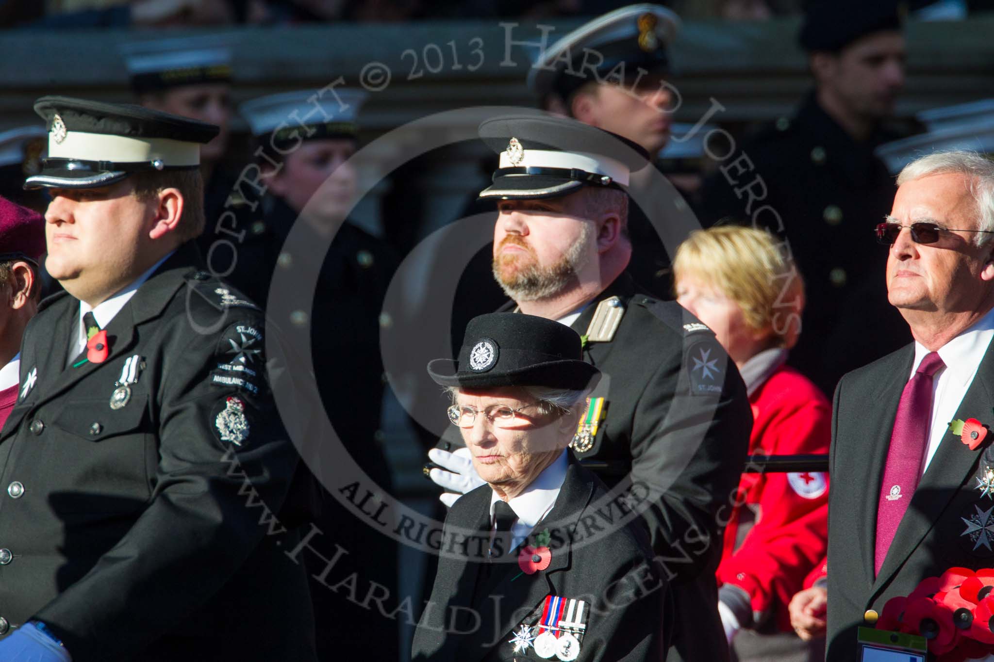 Remembrance Sunday at the Cenotaph in London 2014: Group M15 - St John Ambulance.
Press stand opposite the Foreign Office building, Whitehall, London SW1,
London,
Greater London,
United Kingdom,
on 09 November 2014 at 12:16, image #2094