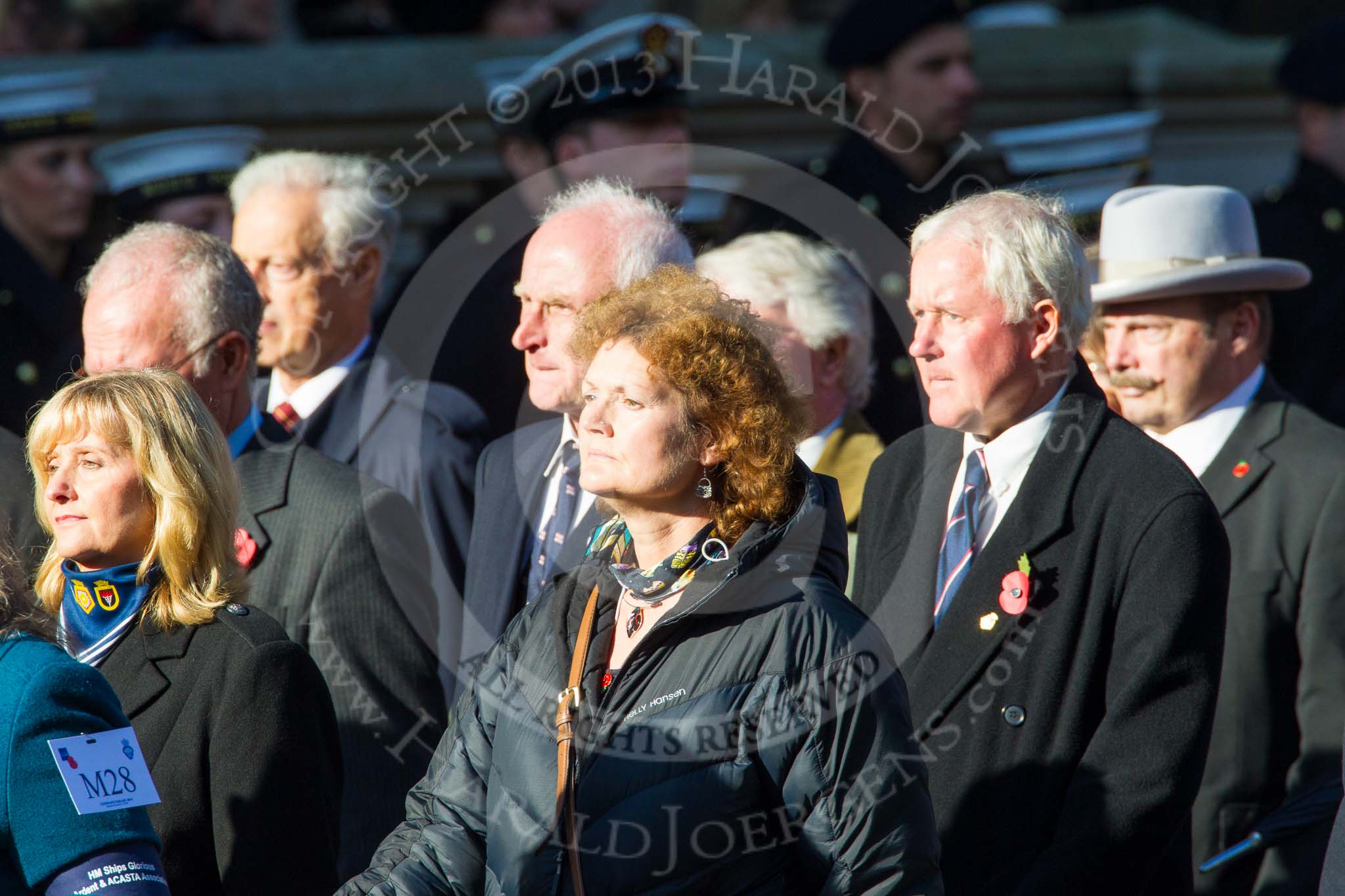 Remembrance Sunday at the Cenotaph in London 2014: Group M28 - HM Ships Glorious Ardent & ACASTA Association.
Press stand opposite the Foreign Office building, Whitehall, London SW1,
London,
Greater London,
United Kingdom,
on 09 November 2014 at 12:18, image #2216