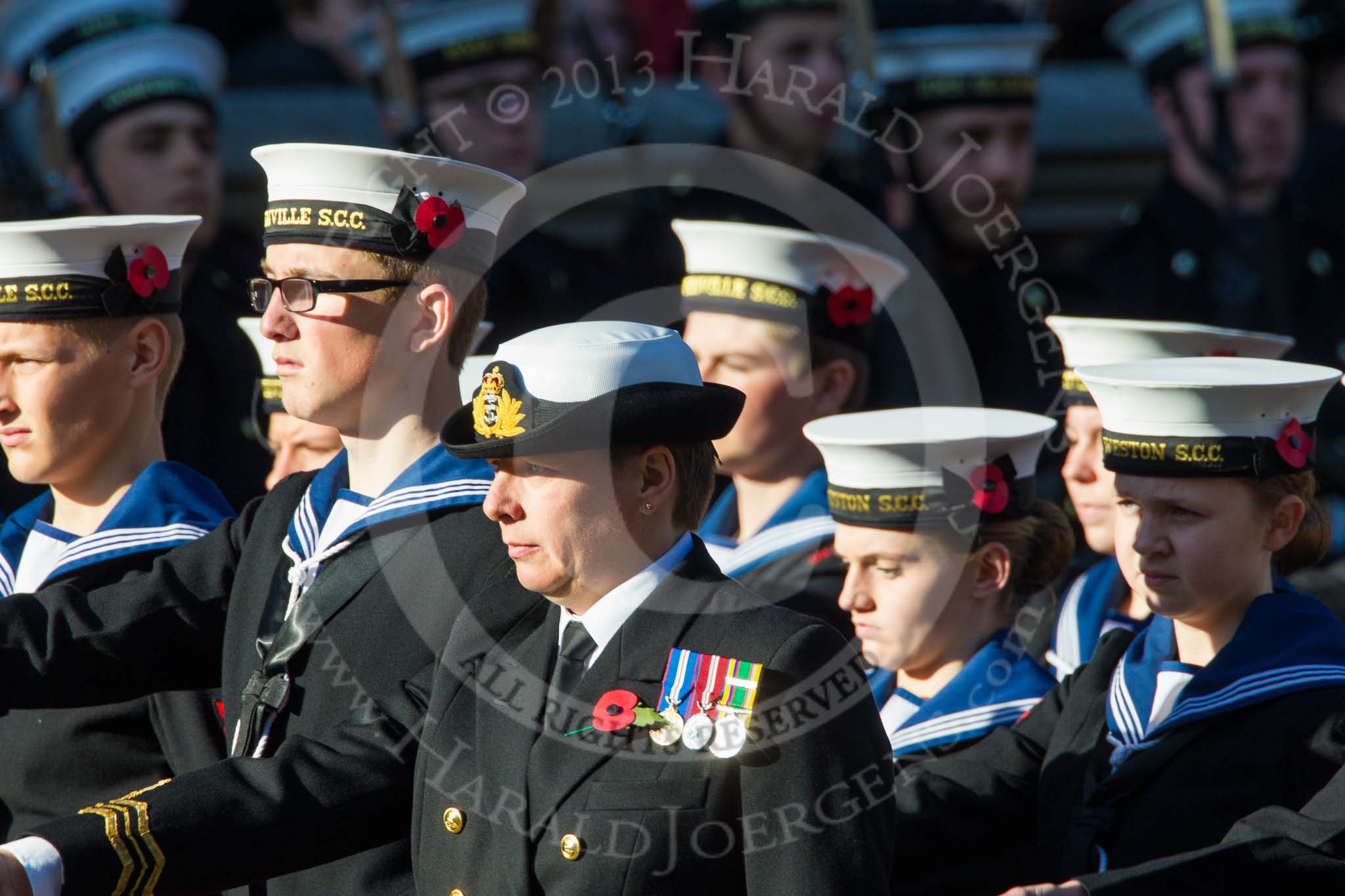 Remembrance Sunday at the Cenotaph in London 2014: Group M45 - Sea Cadet Corps.
Press stand opposite the Foreign Office building, Whitehall, London SW1,
London,
Greater London,
United Kingdom,
on 09 November 2014 at 12:21, image #2277