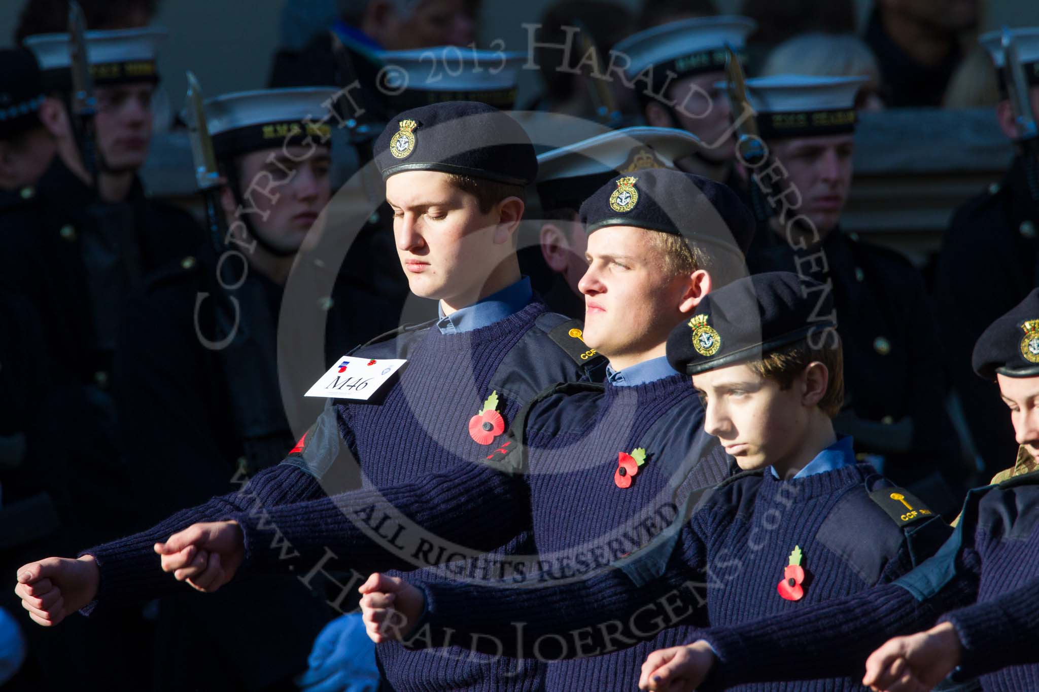Remembrance Sunday at the Cenotaph in London 2014: Group M46 - Combined Cadet Force.
Press stand opposite the Foreign Office building, Whitehall, London SW1,
London,
Greater London,
United Kingdom,
on 09 November 2014 at 12:21, image #2282
