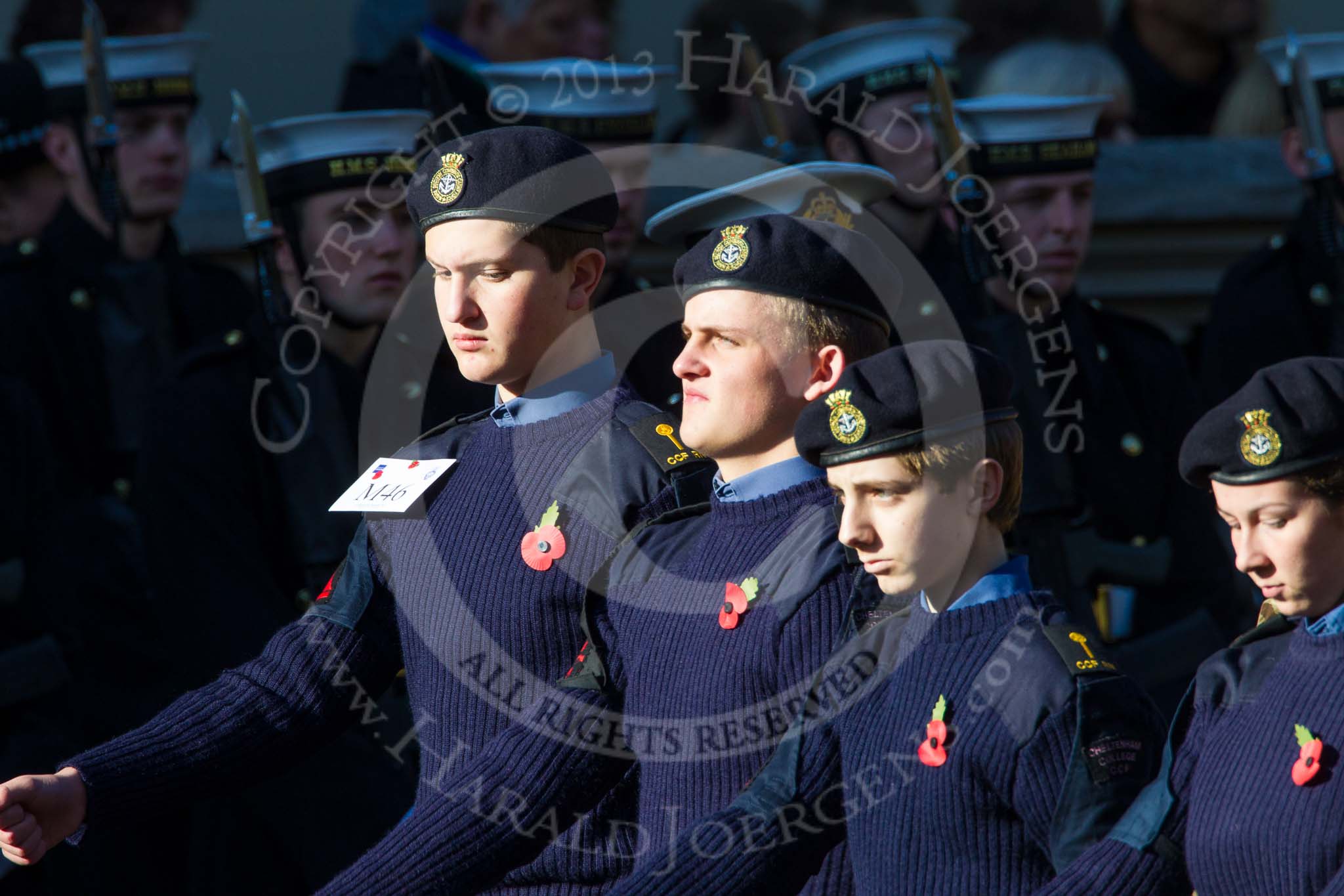 Remembrance Sunday at the Cenotaph in London 2014: Group M46 - Combined Cadet Force.
Press stand opposite the Foreign Office building, Whitehall, London SW1,
London,
Greater London,
United Kingdom,
on 09 November 2014 at 12:21, image #2283