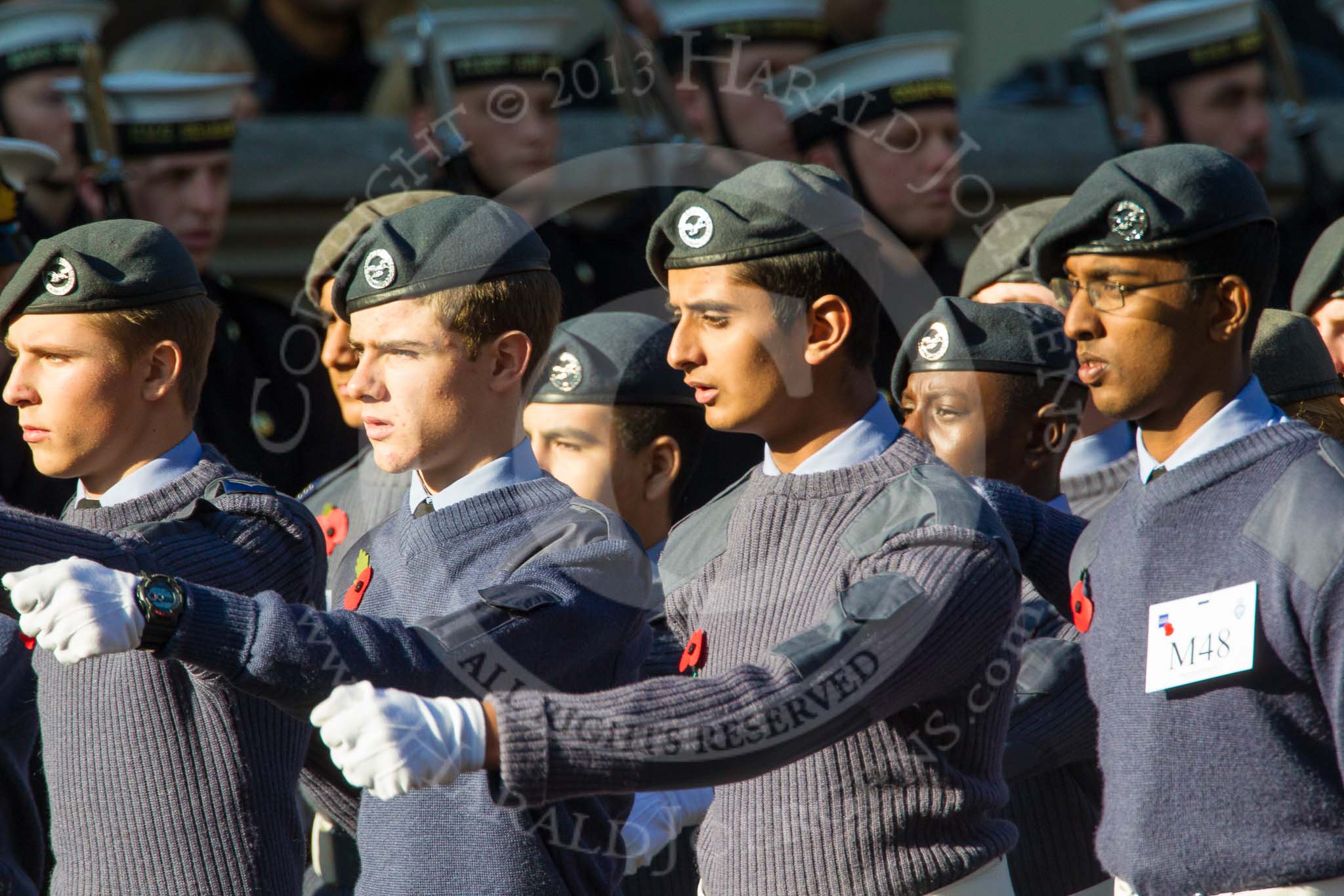 Remembrance Sunday at the Cenotaph in London 2014: Group M48 - Air Training Corps.
Press stand opposite the Foreign Office building, Whitehall, London SW1,
London,
Greater London,
United Kingdom,
on 09 November 2014 at 12:21, image #2304