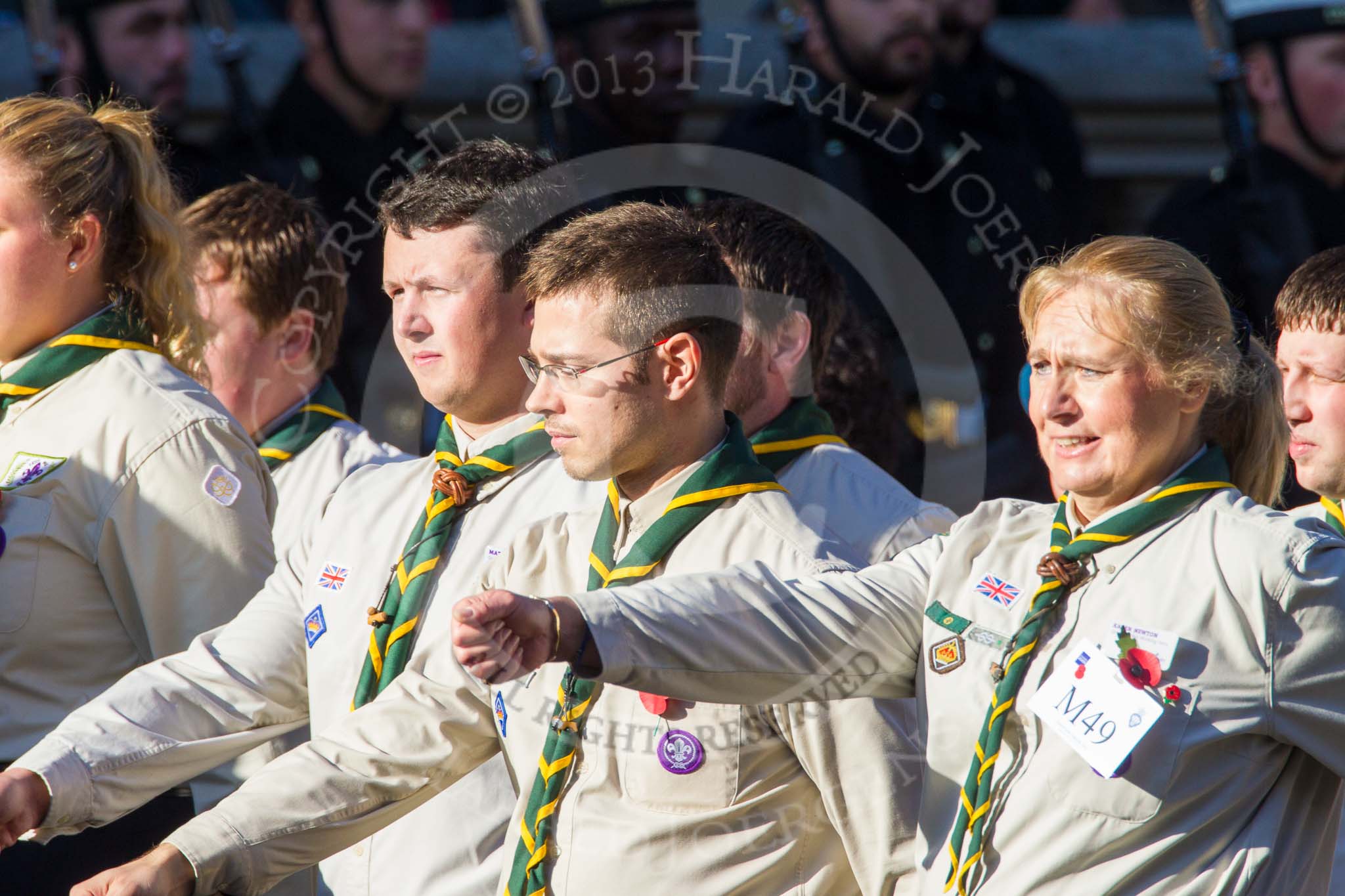 Remembrance Sunday at the Cenotaph in London 2014: Group M49 - Scout Association.
Press stand opposite the Foreign Office building, Whitehall, London SW1,
London,
Greater London,
United Kingdom,
on 09 November 2014 at 12:21, image #2311