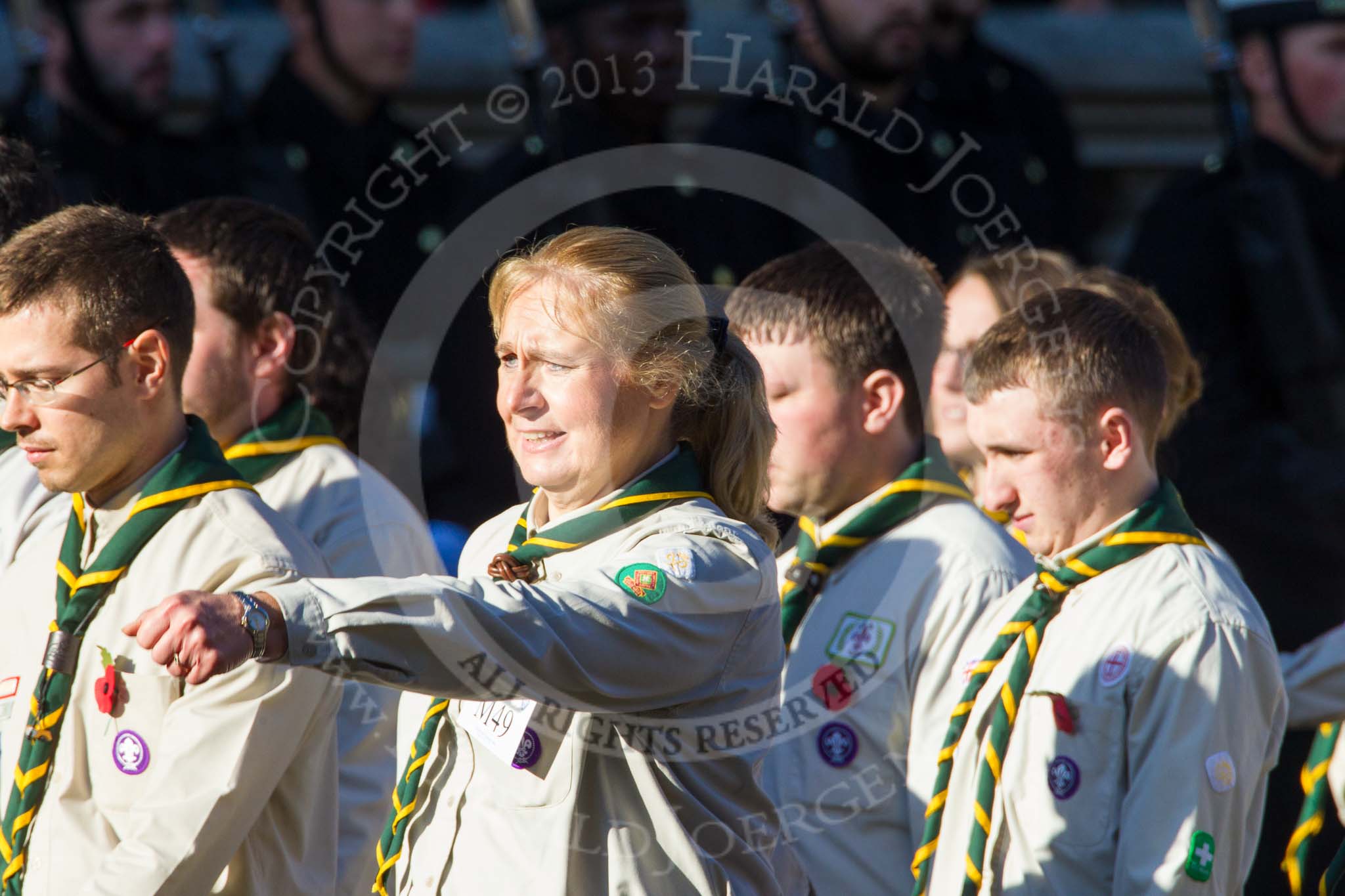 Remembrance Sunday at the Cenotaph in London 2014: Group M49 - Scout Association.
Press stand opposite the Foreign Office building, Whitehall, London SW1,
London,
Greater London,
United Kingdom,
on 09 November 2014 at 12:21, image #2312