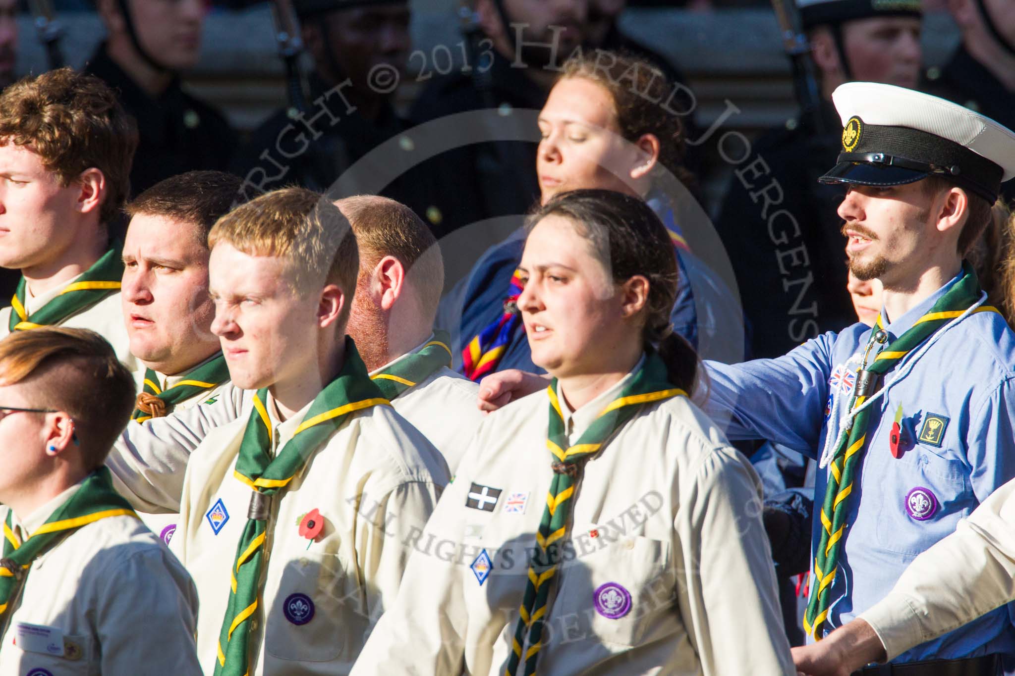 Remembrance Sunday at the Cenotaph in London 2014: Group M49 - Scout Association.
Press stand opposite the Foreign Office building, Whitehall, London SW1,
London,
Greater London,
United Kingdom,
on 09 November 2014 at 12:21, image #2315
