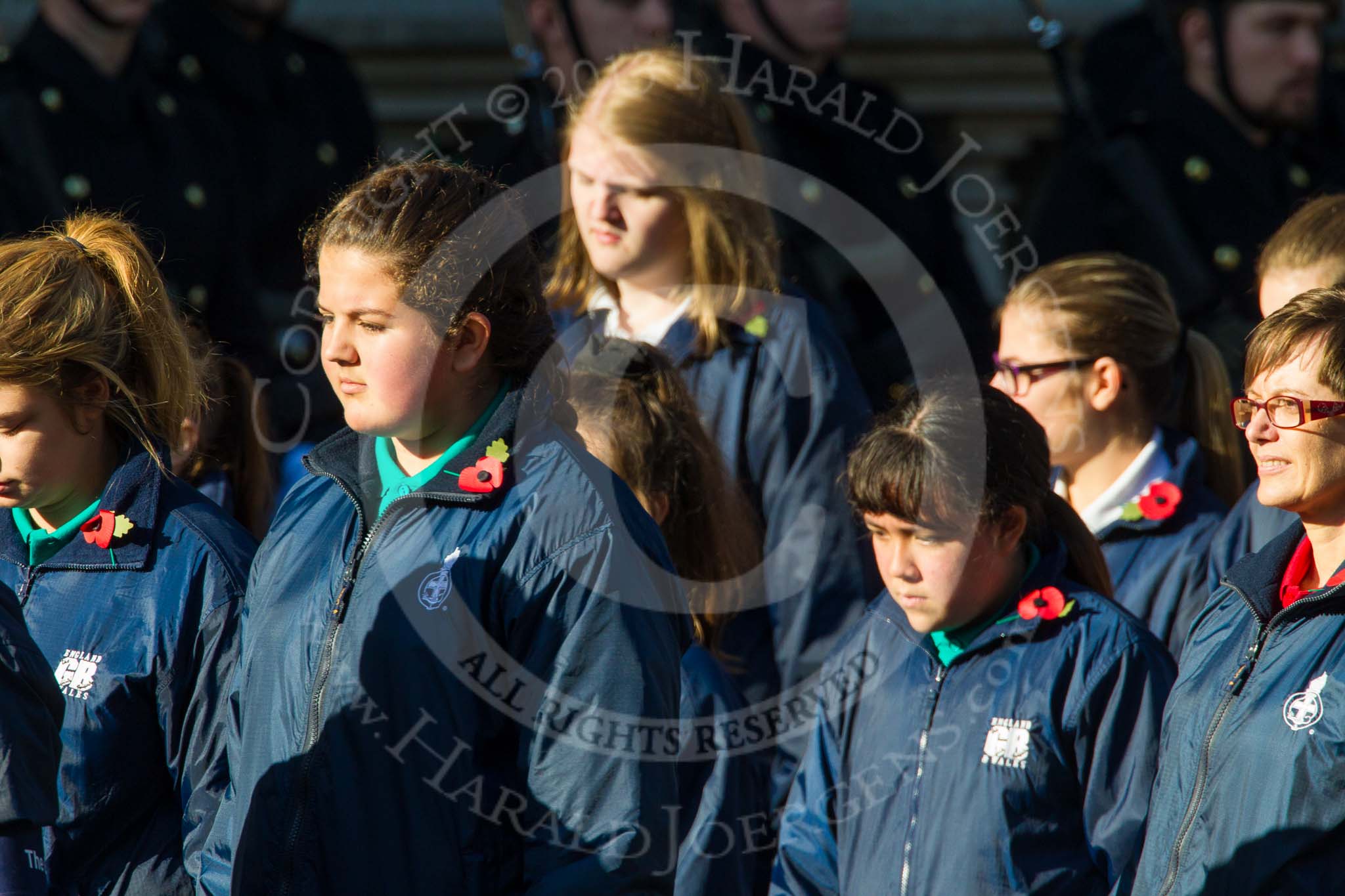 Remembrance Sunday at the Cenotaph in London 2014: Group M52 - Girls Brigade England & Wales.
Press stand opposite the Foreign Office building, Whitehall, London SW1,
London,
Greater London,
United Kingdom,
on 09 November 2014 at 12:22, image #2335