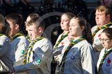 Remembrance Sunday at the Cenotaph in London 2014: Group M49 - Scout Association.
Press stand opposite the Foreign Office building, Whitehall, London SW1,
London,
Greater London,
United Kingdom,
on 09 November 2014 at 12:21, image #2313