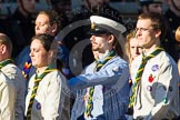 Remembrance Sunday at the Cenotaph in London 2014: Group M49 - Scout Association.
Press stand opposite the Foreign Office building, Whitehall, London SW1,
London,
Greater London,
United Kingdom,
on 09 November 2014 at 12:21, image #2316