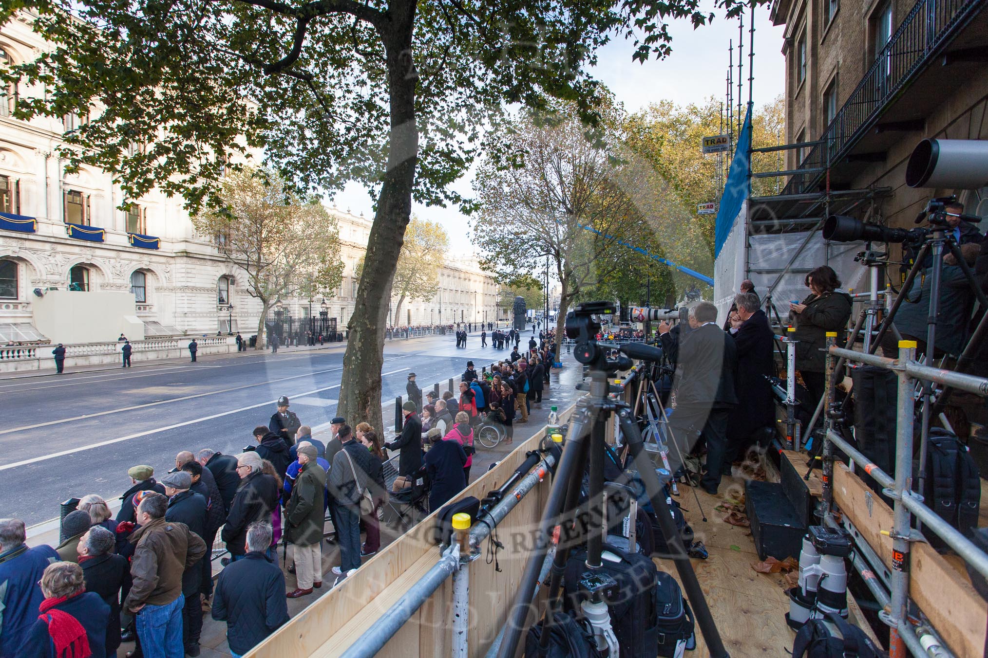 Remembrance Sunday at the Cenotaph in London 2014: The world press at the Cenotaph, opposite the Foreign- and Commonwealth Office..
Press stand opposite the Foreign Office building, Whitehall, London SW1,
London,
Greater London,
United Kingdom,
on 09 November 2014 at 08:25, image #8