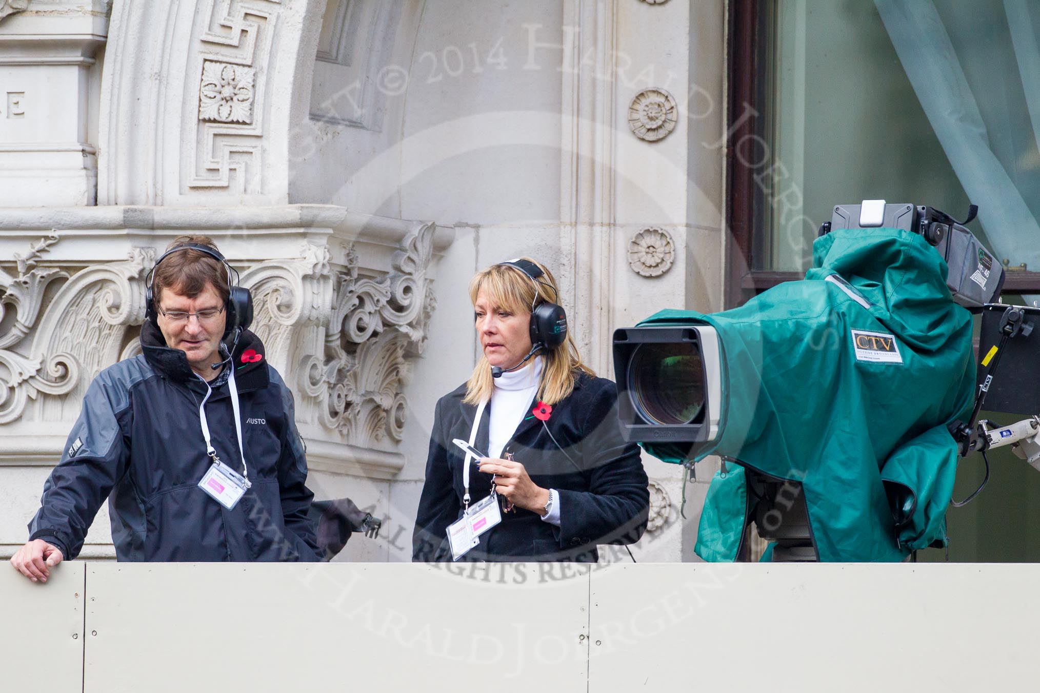 Remembrance Sunday at the Cenotaph in London 2014: CTV Outside Boradcasts TV crew for the BBC live broadcast..
Press stand opposite the Foreign Office building, Whitehall, London SW1,
London,
Greater London,
United Kingdom,
on 09 November 2014 at 09:36, image #17