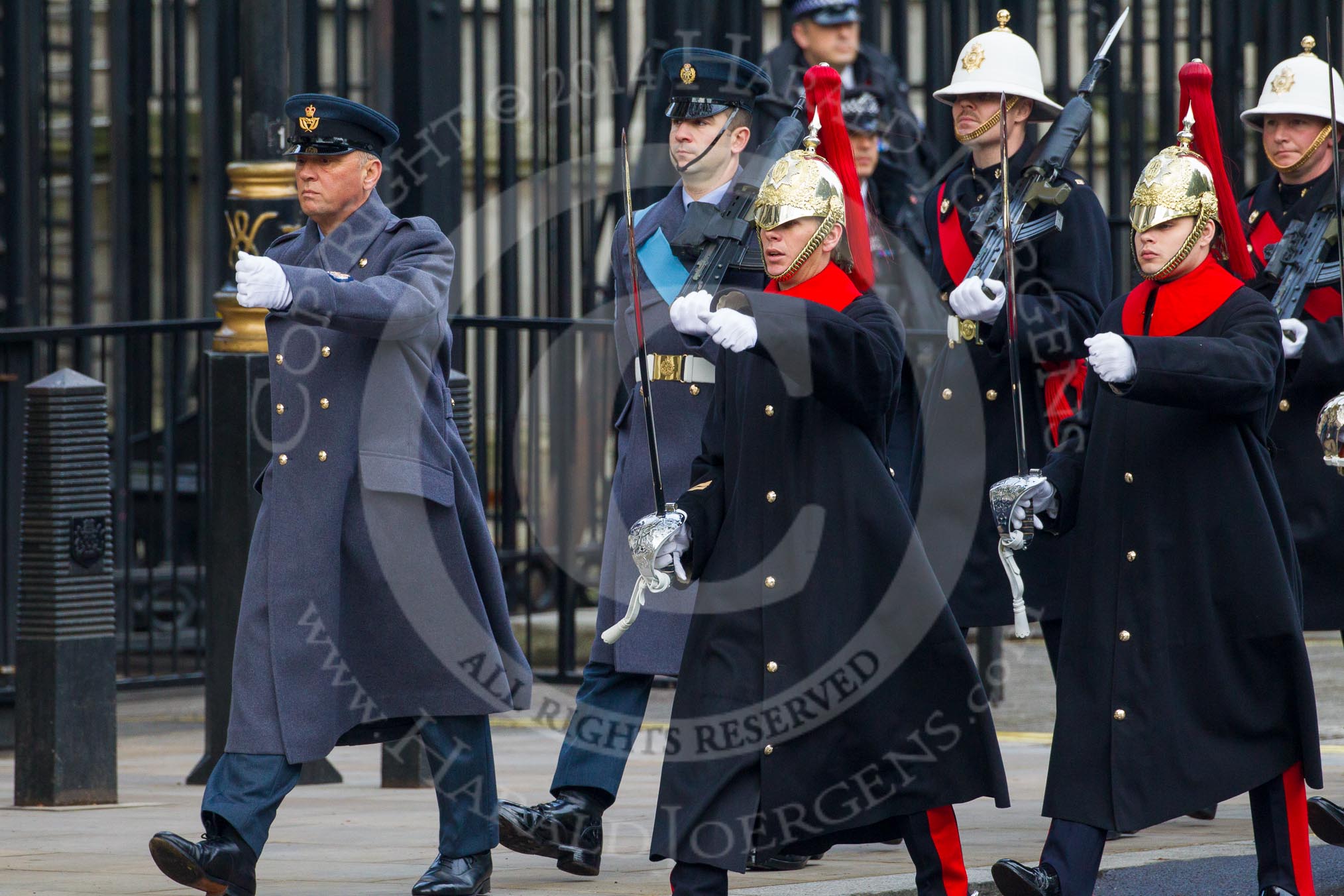 Remembrance Sunday at the Cenotaph in London 2014: The "marker detail personell" leaving Downing Street to mark the positions for the armed forces detachments that will line Whitehall.
Press stand opposite the Foreign Office building, Whitehall, London SW1,
London,
Greater London,
United Kingdom,
on 09 November 2014 at 10:07, image #25
