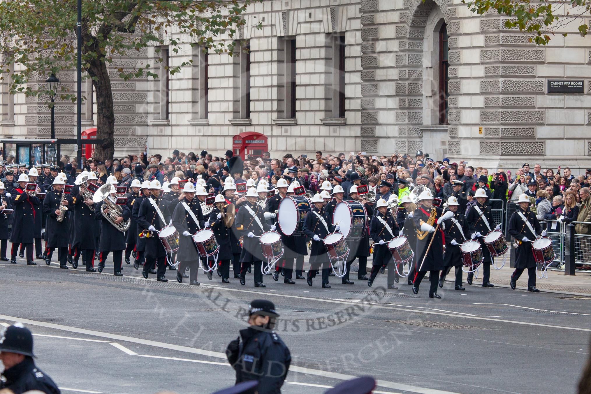 Remembrance Sunday at the Cenotaph in London 2014: The Band of the Royal Marines marching towards the Cenotaph.
Press stand opposite the Foreign Office building, Whitehall, London SW1,
London,
Greater London,
United Kingdom,
on 09 November 2014 at 10:17, image #31