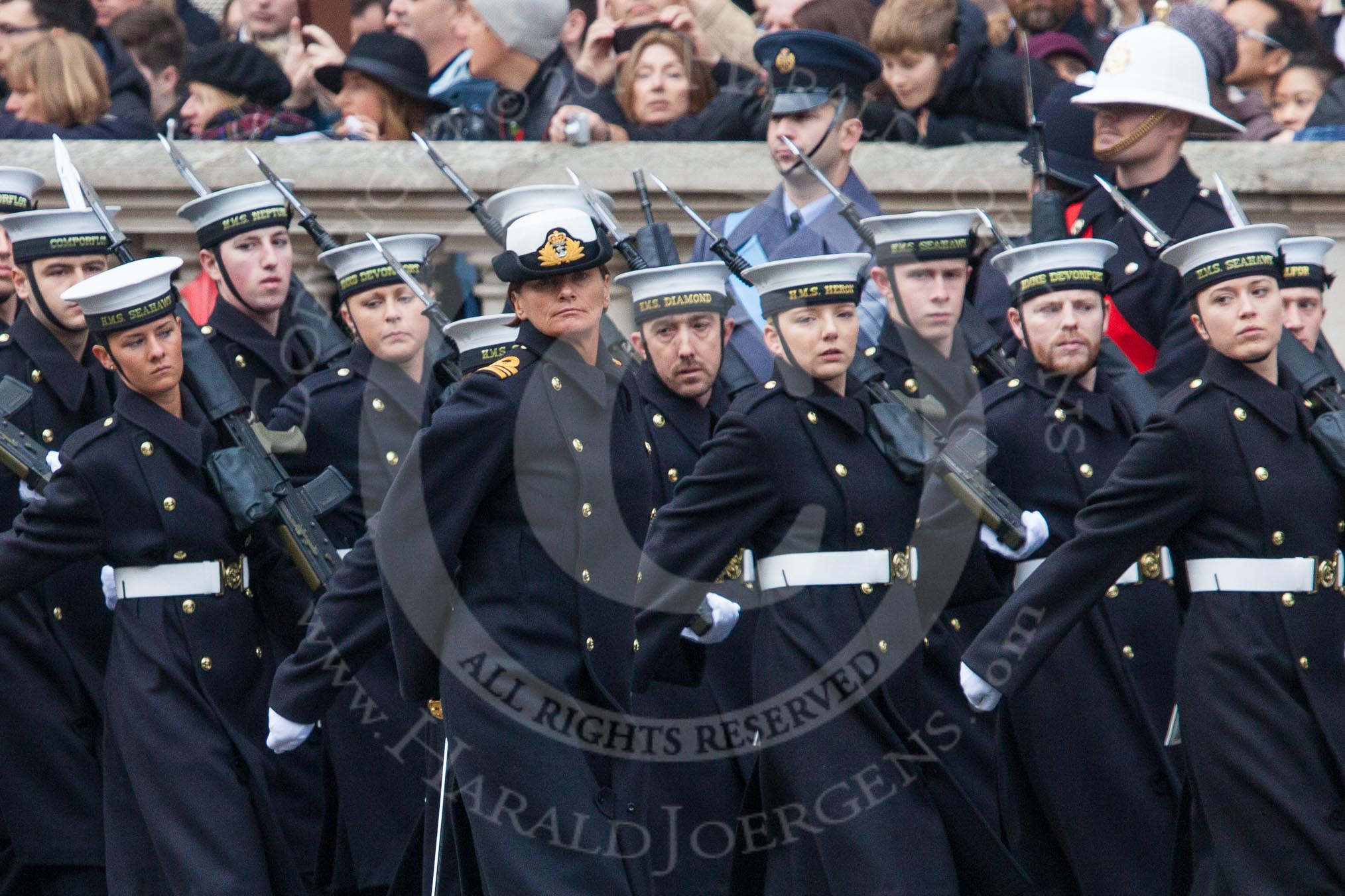 Remembrance Sunday at the Cenotaph in London 2014: The Royal Navy detachment marching towards the Cenotaph.
Press stand opposite the Foreign Office building, Whitehall, London SW1,
London,
Greater London,
United Kingdom,
on 09 November 2014 at 10:18, image #37