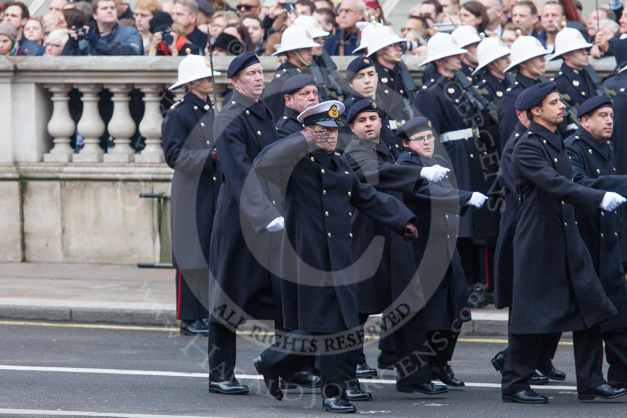 Remembrance Sunday at the Cenotaph in London 2014: The Royal Navy detachment marching towards the Cenotaph.
Press stand opposite the Foreign Office building, Whitehall, London SW1,
London,
Greater London,
United Kingdom,
on 09 November 2014 at 10:18, image #38