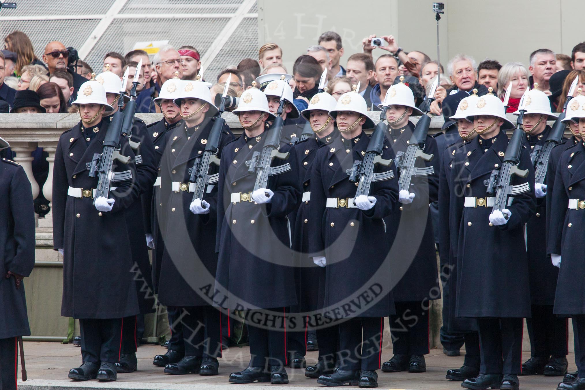 Remembrance Sunday at the Cenotaph in London 2014: The Royal Marines detachment in position on the northern side of Whitehall.
Press stand opposite the Foreign Office building, Whitehall, London SW1,
London,
Greater London,
United Kingdom,
on 09 November 2014 at 10:19, image #39