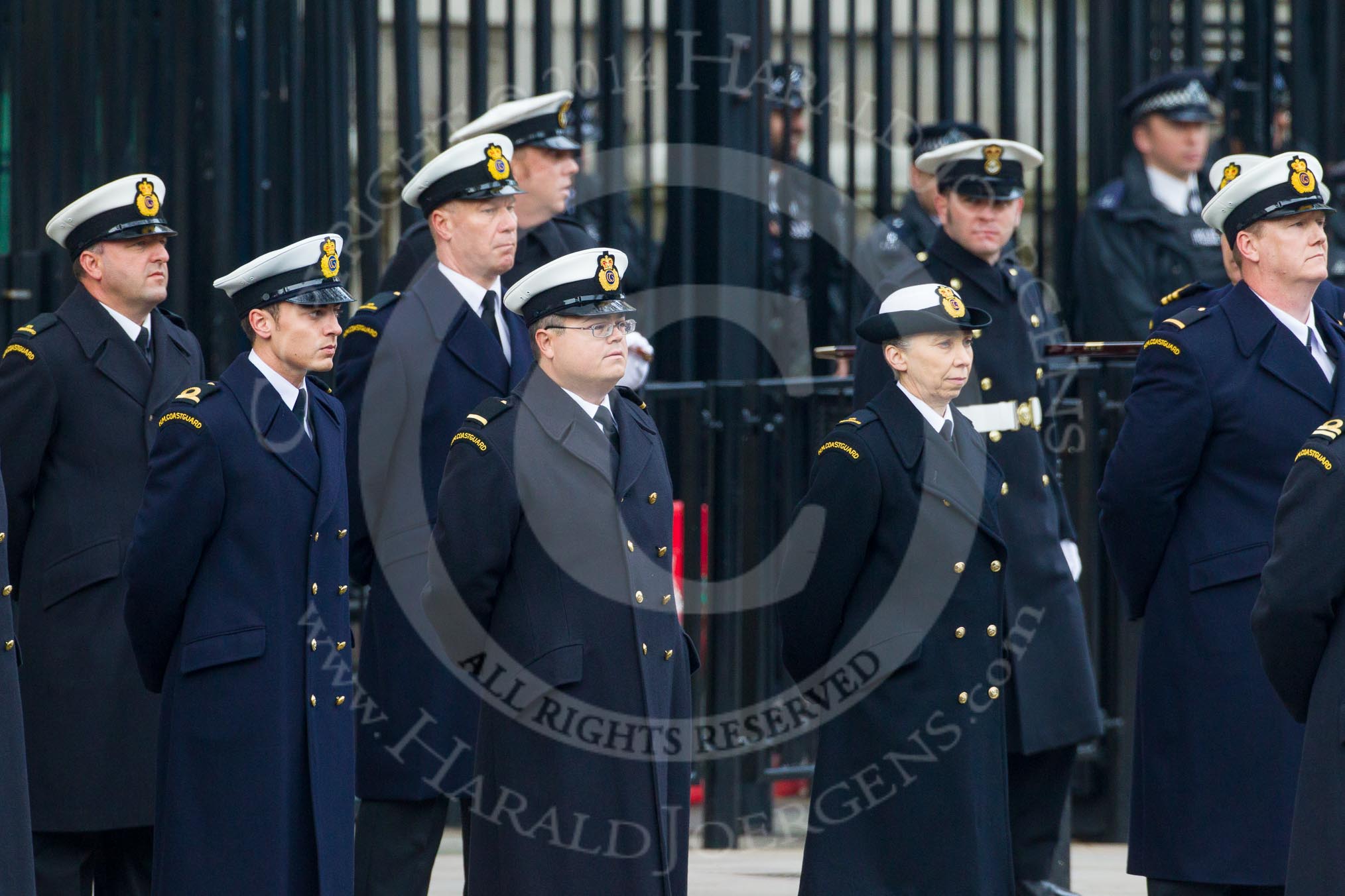 Remembrance Sunday at the Cenotaph in London 2014: Members of HM Coastguard at the Downing Street gate.
Press stand opposite the Foreign Office building, Whitehall, London SW1,
London,
Greater London,
United Kingdom,
on 09 November 2014 at 10:21, image #47