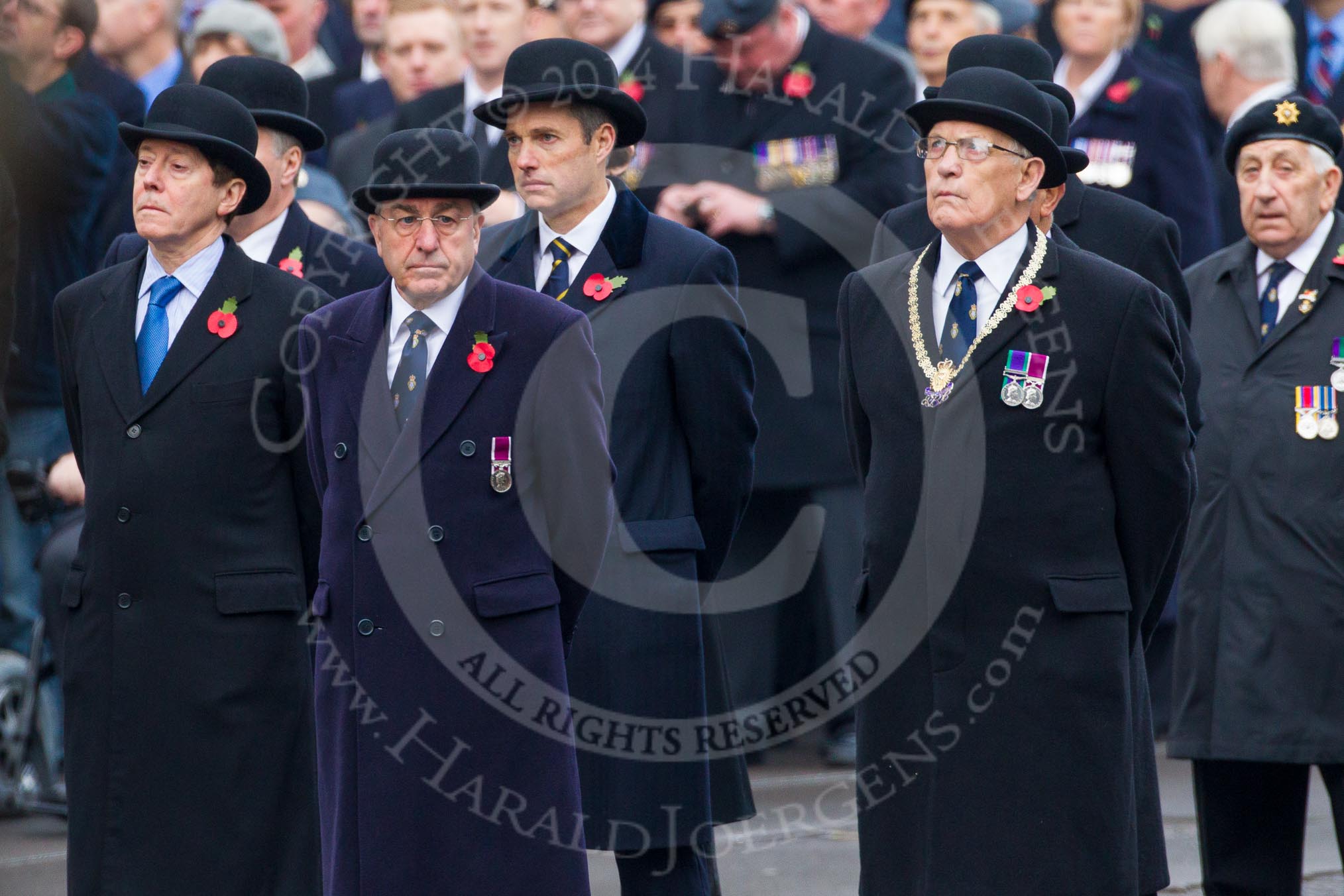 Remembrance Sunday at the Cenotaph in London 2014: Representatives of the major charities that will lay a wreath later.
Press stand opposite the Foreign Office building, Whitehall, London SW1,
London,
Greater London,
United Kingdom,
on 09 November 2014 at 10:21, image #48