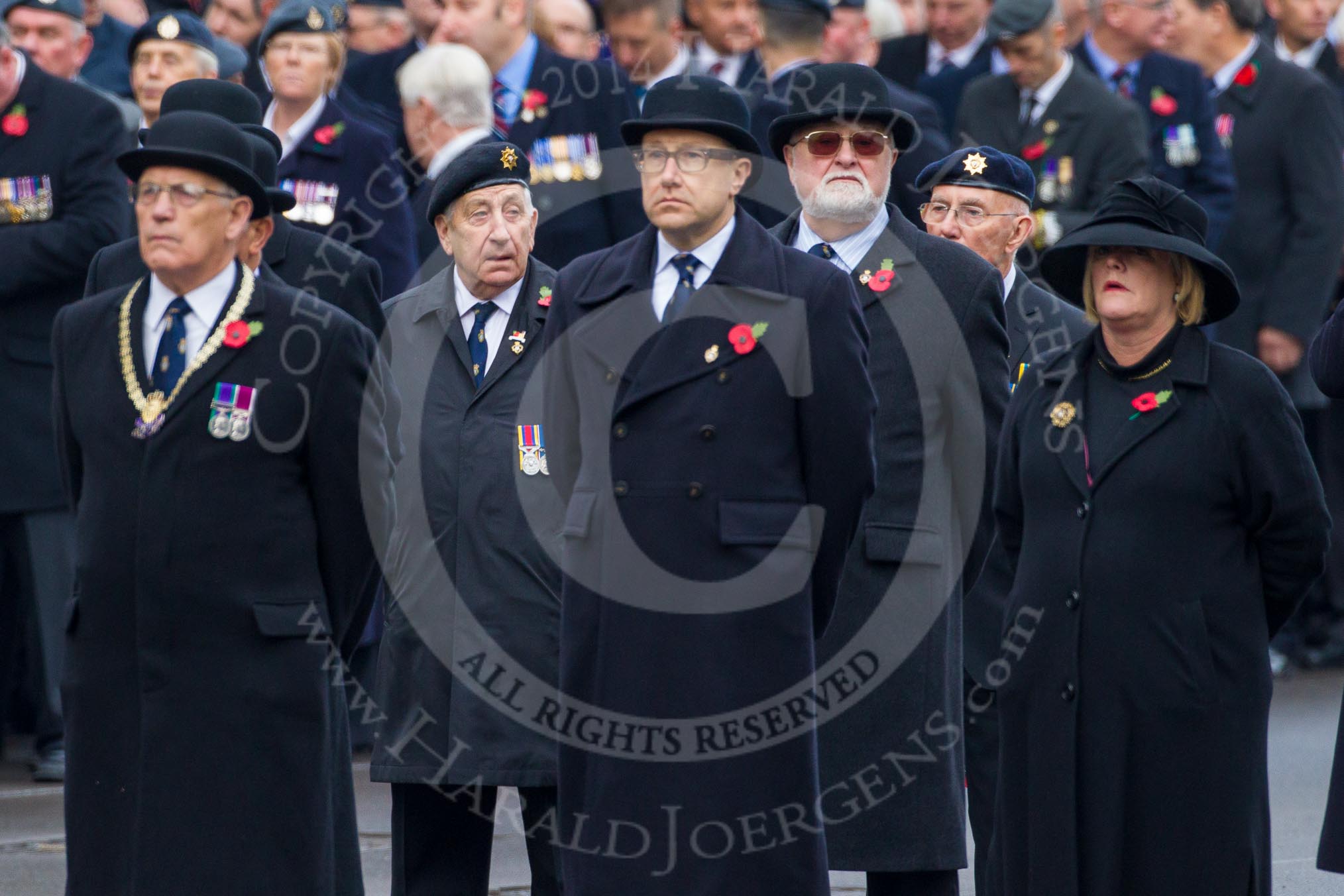 Remembrance Sunday at the Cenotaph in London 2014: Representatives of the major charities that will lay a wreath later.
Press stand opposite the Foreign Office building, Whitehall, London SW1,
London,
Greater London,
United Kingdom,
on 09 November 2014 at 10:21, image #49