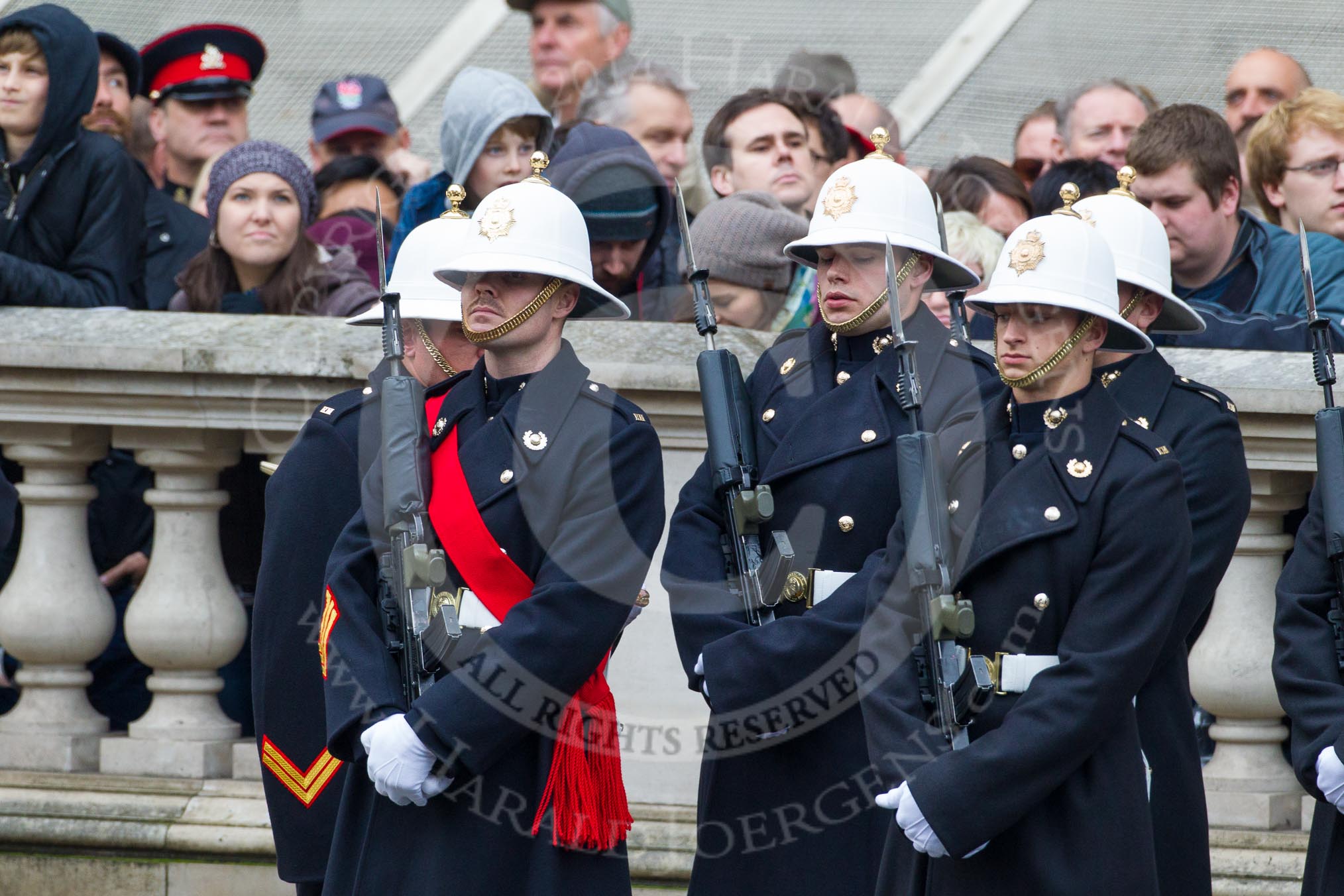 Remembrance Sunday at the Cenotaph in London 2014: Royal Marines in position on the northern side of Whitehall.
Press stand opposite the Foreign Office building, Whitehall, London SW1,
London,
Greater London,
United Kingdom,
on 09 November 2014 at 10:22, image #50