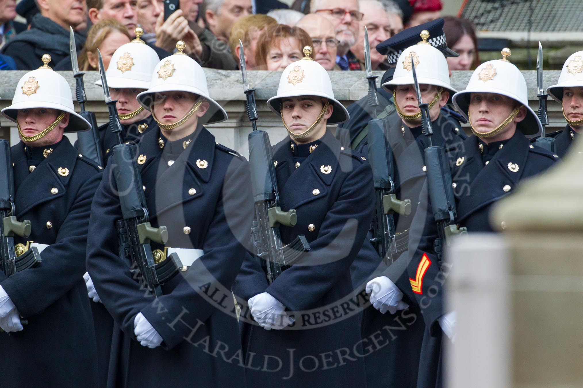 Remembrance Sunday at the Cenotaph in London 2014: Royal Marines in position on the northern side of Whitehall.
Press stand opposite the Foreign Office building, Whitehall, London SW1,
London,
Greater London,
United Kingdom,
on 09 November 2014 at 10:22, image #51