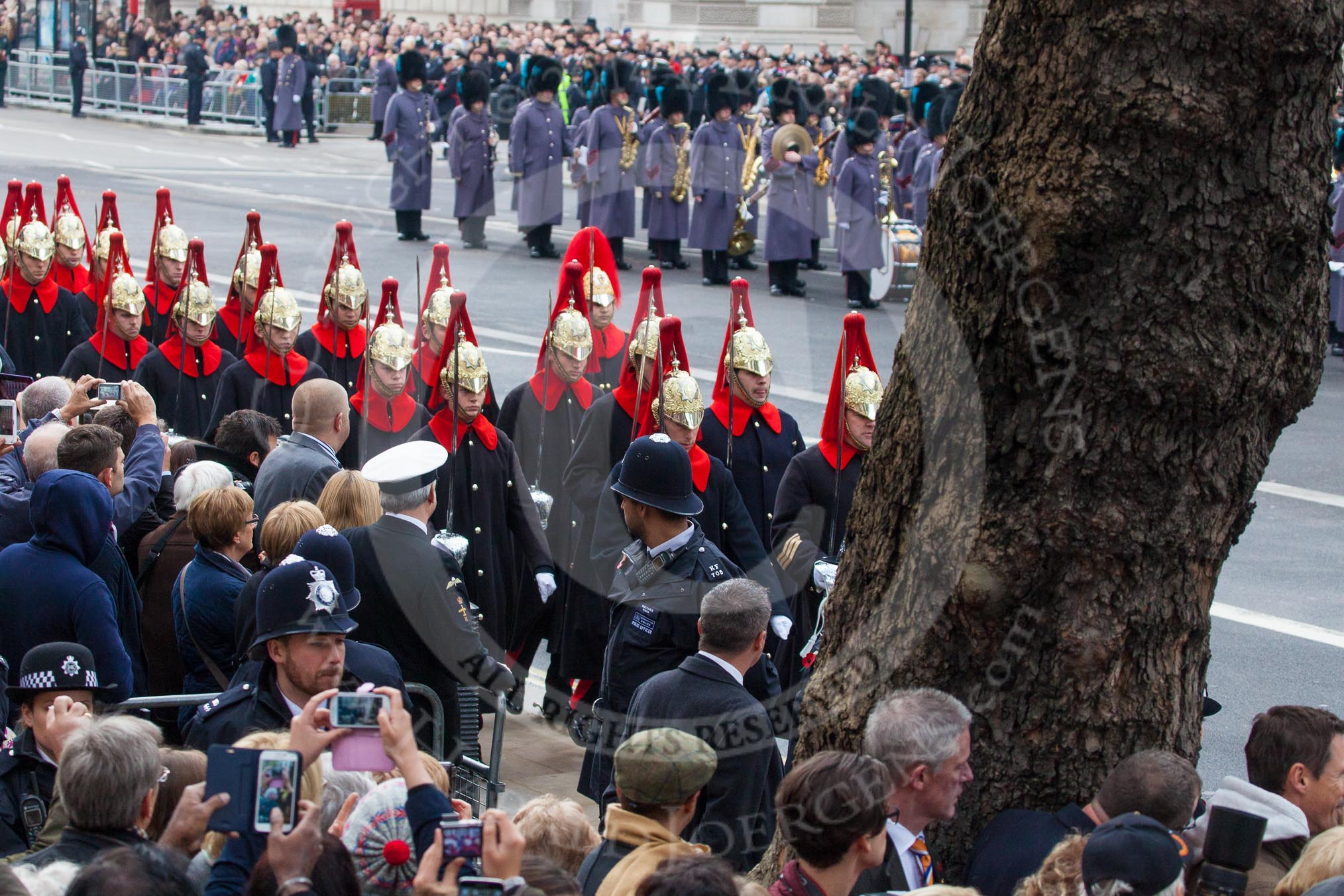 Remembrance Sunday at the Cenotaph in London 2014: The detachment of the Household Cavalry arrives on Whitehall.
Press stand opposite the Foreign Office building, Whitehall, London SW1,
London,
Greater London,
United Kingdom,
on 09 November 2014 at 10:25, image #61