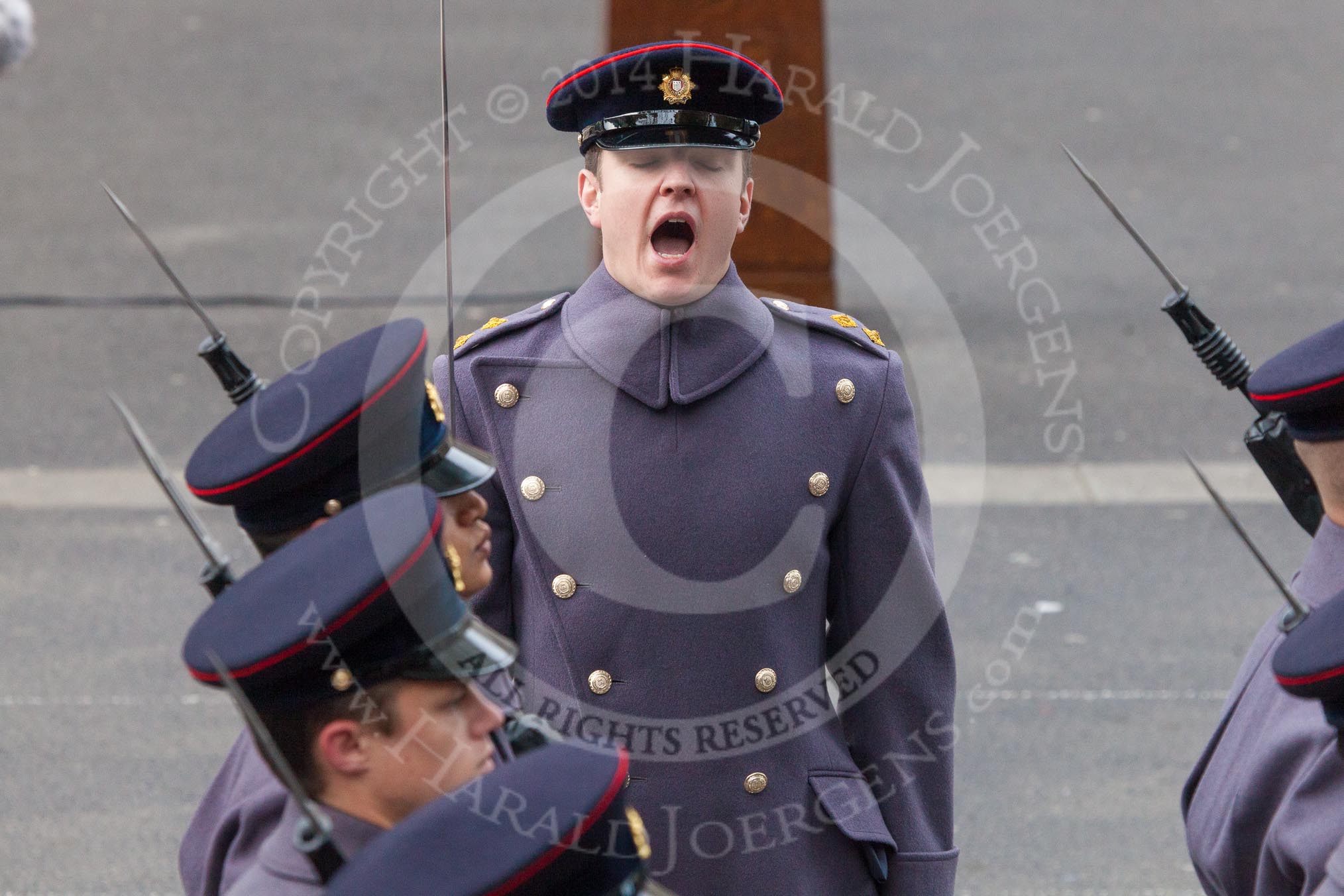 Remembrance Sunday at the Cenotaph in London 2014: A Lieutenant of the Royal Logistics Corps commanding his detachment.
Press stand opposite the Foreign Office building, Whitehall, London SW1,
London,
Greater London,
United Kingdom,
on 09 November 2014 at 10:30, image #72