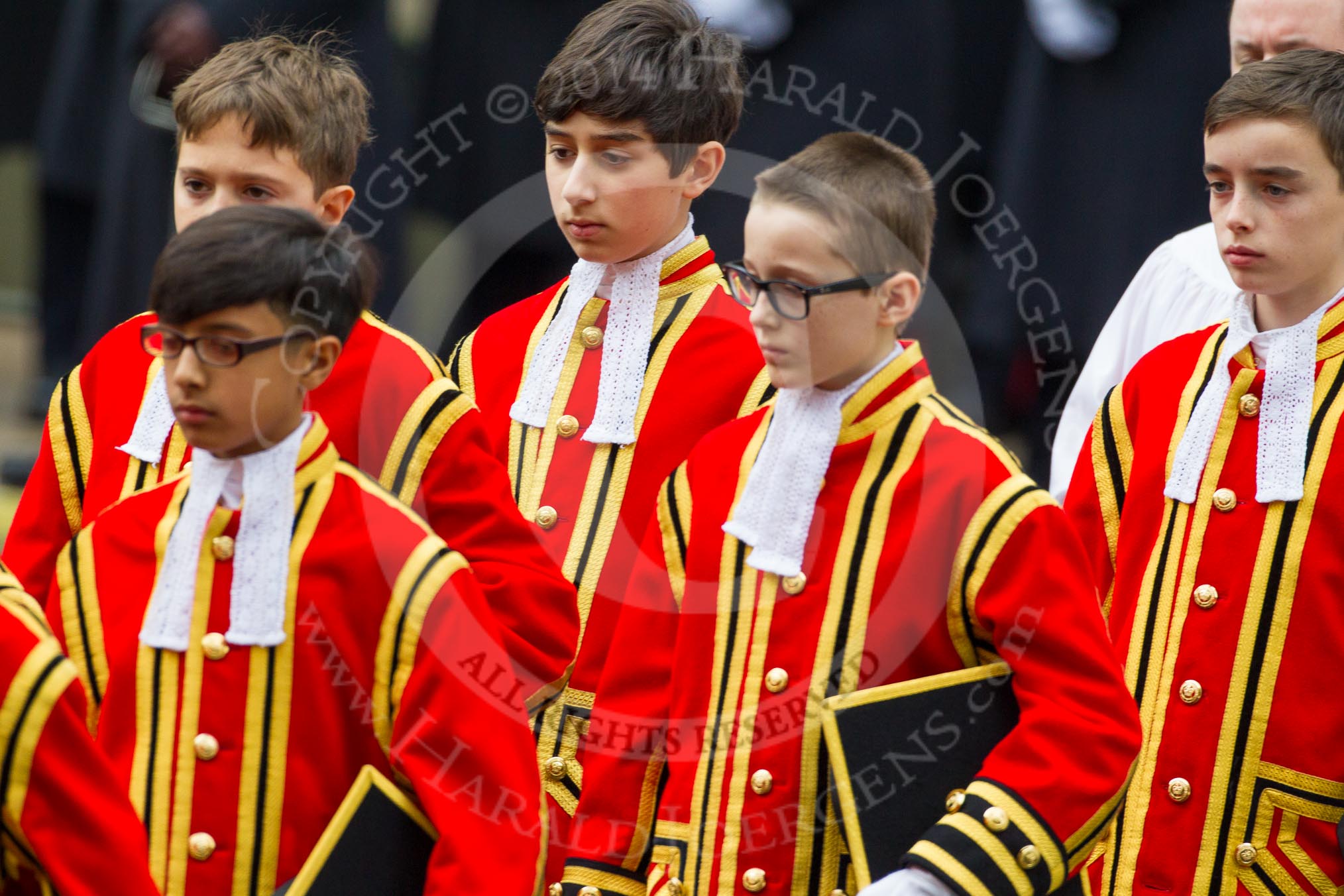 Remembrance Sunday at the Cenotaph in London 2014: The Children of the Chapel Royal, part of the choir.
Press stand opposite the Foreign Office building, Whitehall, London SW1,
London,
Greater London,
United Kingdom,
on 09 November 2014 at 10:54, image #105
