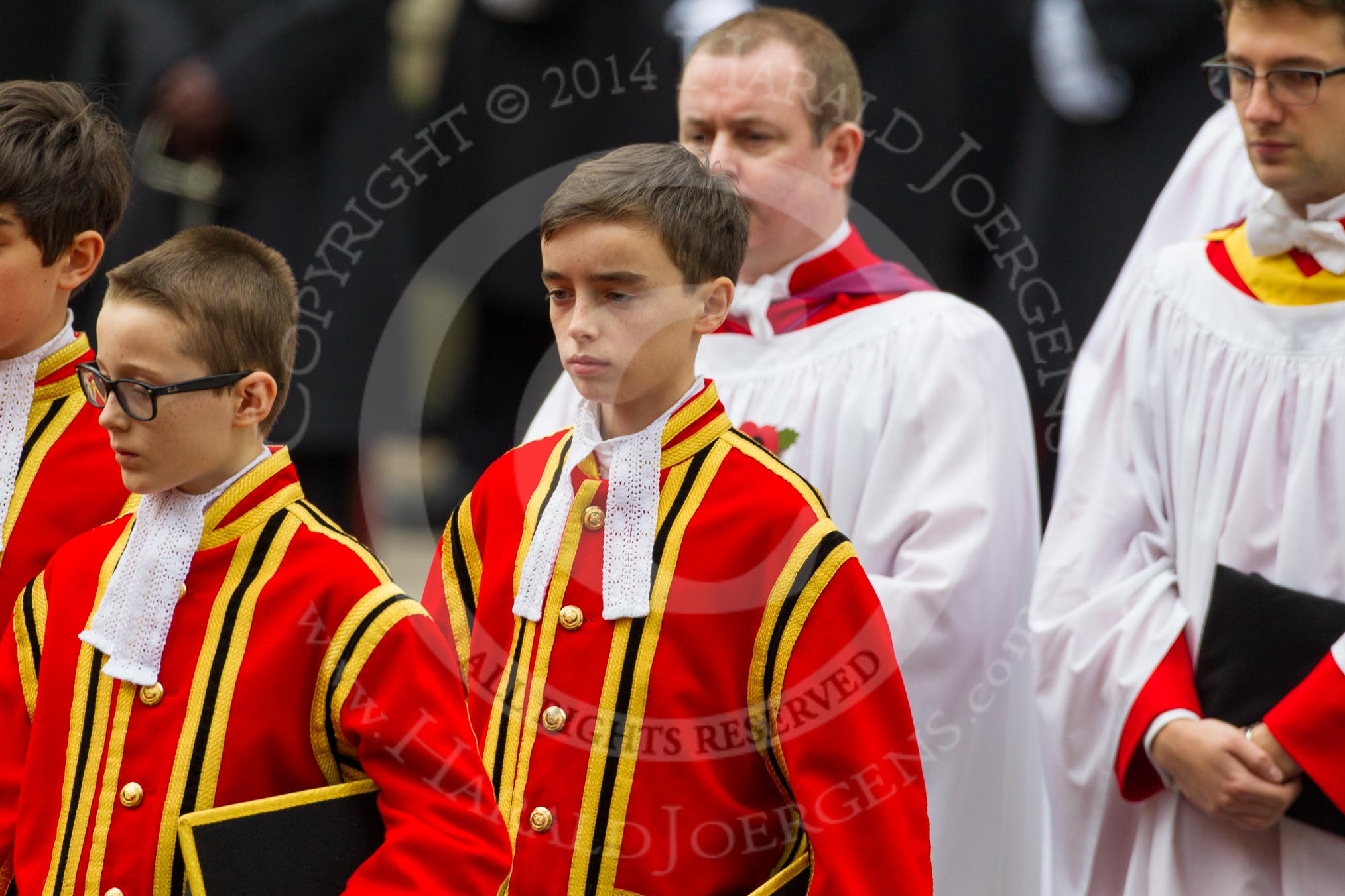 Remembrance Sunday at the Cenotaph in London 2014: The Children of the Chapel Royal, followed by the 6 Gentlemen-in-Ordinary.
Press stand opposite the Foreign Office building, Whitehall, London SW1,
London,
Greater London,
United Kingdom,
on 09 November 2014 at 10:54, image #106