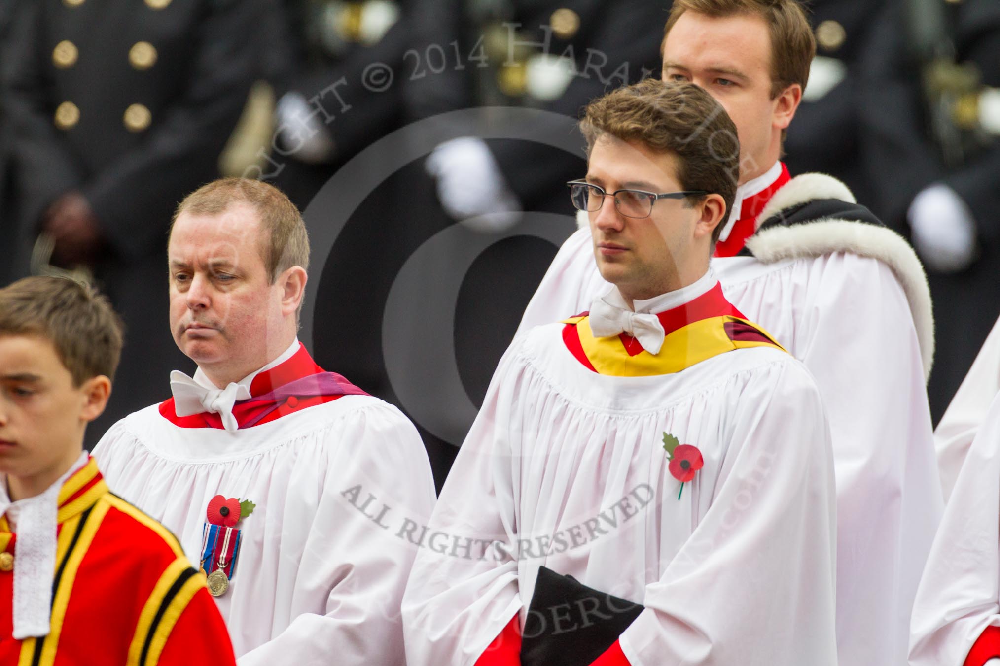 Remembrance Sunday at the Cenotaph in London 2014: The Gentlemen-in-Ordinary.
Press stand opposite the Foreign Office building, Whitehall, London SW1,
London,
Greater London,
United Kingdom,
on 09 November 2014 at 10:54, image #107