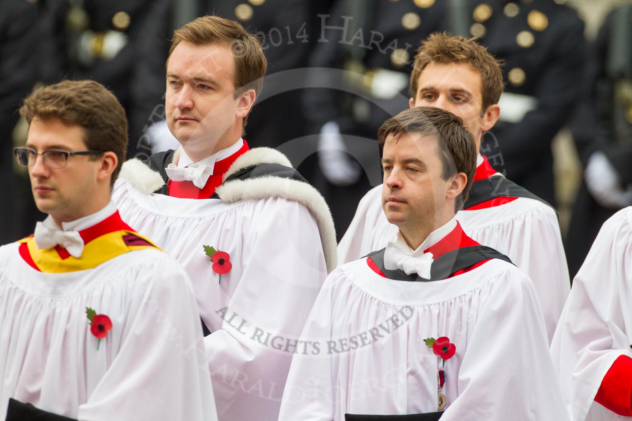 Remembrance Sunday at the Cenotaph in London 2014: The Gentlemen-in-Ordinary.
Press stand opposite the Foreign Office building, Whitehall, London SW1,
London,
Greater London,
United Kingdom,
on 09 November 2014 at 10:54, image #108
