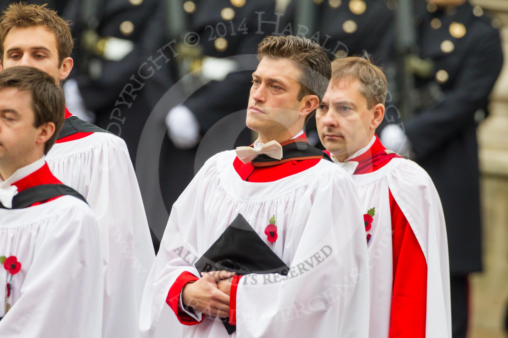 Remembrance Sunday at the Cenotaph in London 2014: The Gentlemen-in-Ordinary.
Press stand opposite the Foreign Office building, Whitehall, London SW1,
London,
Greater London,
United Kingdom,
on 09 November 2014 at 10:54, image #109
