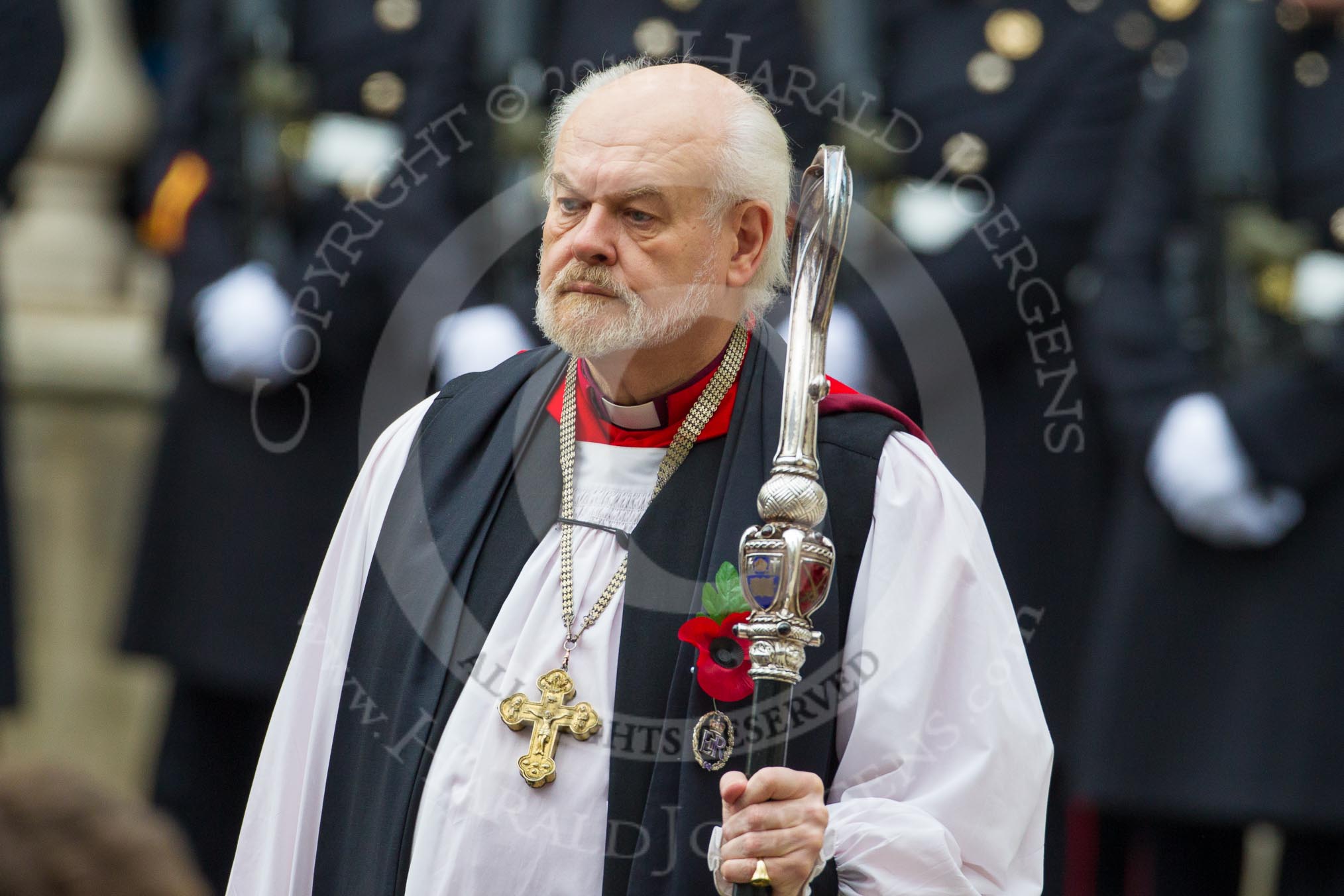 Remembrance Sunday at the Cenotaph in London 2014: The Dean of the Chapel Royal (The Rt Rev and Rt Hon Dr Richard Chartres KCVO –
Lord Bishop of London).
Press stand opposite the Foreign Office building, Whitehall, London SW1,
London,
Greater London,
United Kingdom,
on 09 November 2014 at 10:54, image #114