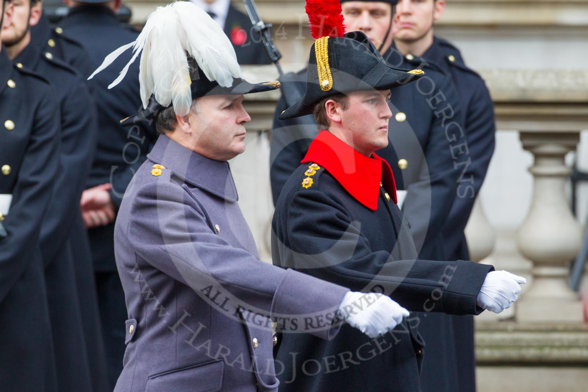 Remembrance Sunday at the Cenotaph in London 2014: Colonel Hugh Bodington, Chief of Staff at Headquarters London District & Headquarters Household Division, with an army captain.
Press stand opposite the Foreign Office building, Whitehall, London SW1,
London,
Greater London,
United Kingdom,
on 09 November 2014 at 10:54, image #116