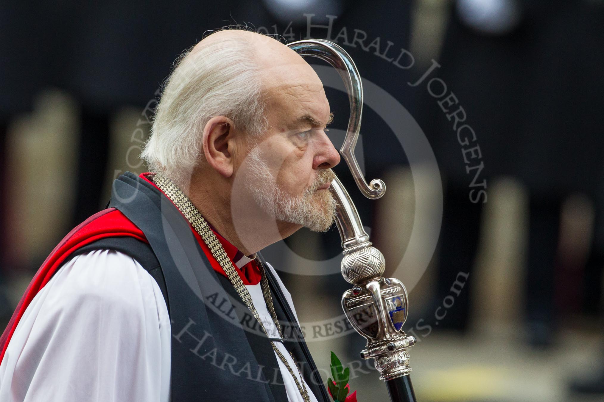 Remembrance Sunday at the Cenotaph in London 2014: The Dean of the Chapel Royal (The Rt Rev and Rt Hon Dr Richard Chartres KCVO –
Lord Bishop of London).
Press stand opposite the Foreign Office building, Whitehall, London SW1,
London,
Greater London,
United Kingdom,
on 09 November 2014 at 10:54, image #117