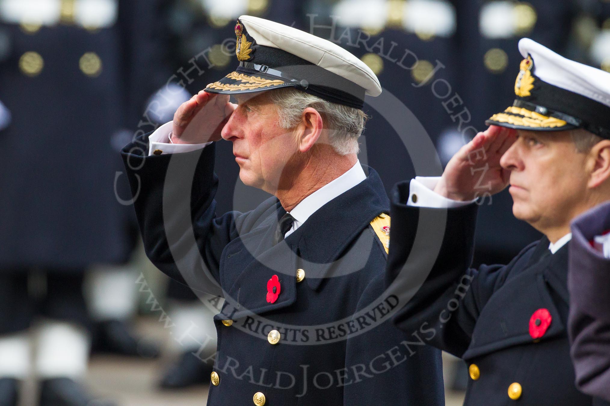 Photo 1411091059281D43948HaraldJoergens Remembrance Sunday at the Cenotaph in London 2014: HRH The Prince of Wales and, in the foreground, HRH the Duke of York, saluting at the Cenotaph.
Press stand opposite the Foreign Office building, Whitehall, London SW1,
London,
Greater London,
United Kingdom,
on 09 November 2014 at 10:59, image #151