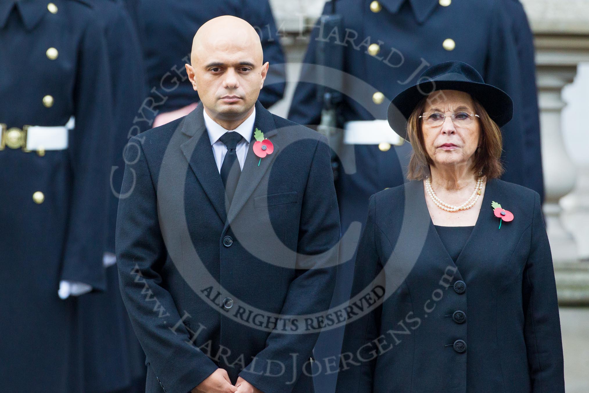 Photo 1411091102181D44042HaraldJoergens Remembrance Sunday at the Cenotaph in London 2014: Culture Secretary Sajid Javid and the Lord Speaker, Baroness D'Souza.
Press stand opposite the Foreign Office building, Whitehall, London SW1,
London,
Greater London,
United Kingdom,
on 09 November 2014 at 11:02, image #161
