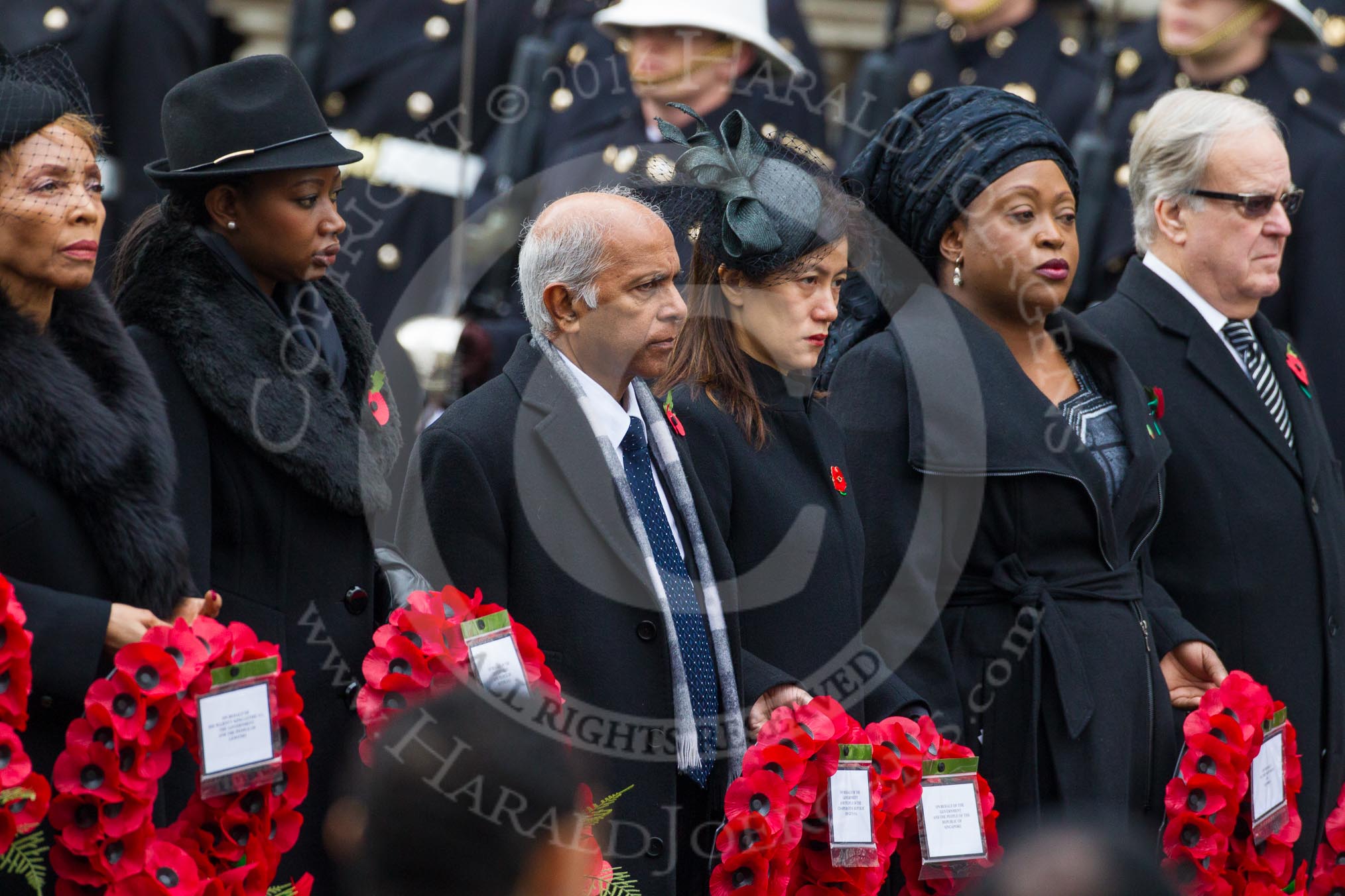 Remembrance Sunday at the Cenotaph in London 2014: The High Commissioner of Lesotho, the High Commissioner of Botswana, the High Commissioner of Guyana, the High Commissioner of Singapore, the High Commissioner of Zambia and and the High Commissioner of Malta with their wreaths at the Cenotaph.
Press stand opposite the Foreign Office building, Whitehall, London SW1,
London,
Greater London,
United Kingdom,
on 09 November 2014 at 11:03, image #175