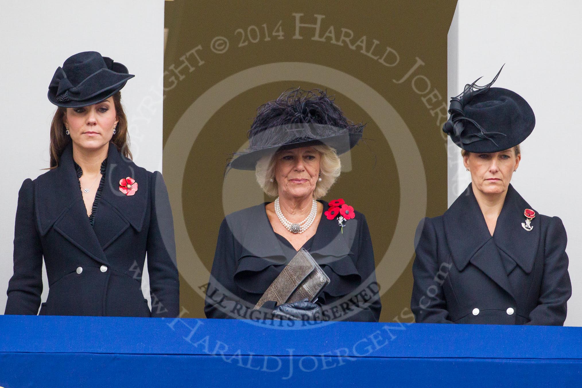 Remembrance Sunday at the Cenotaph in London 2014: TRH The Duchess of Cambridge, TRH The Duchess of Cornwall, and TRH THe Countess of Wessex on the balcony of the Foreign- and Commonweath Office.
Press stand opposite the Foreign Office building, Whitehall, London SW1,
London,
Greater London,
United Kingdom,
on 09 November 2014 at 11:05, image #200