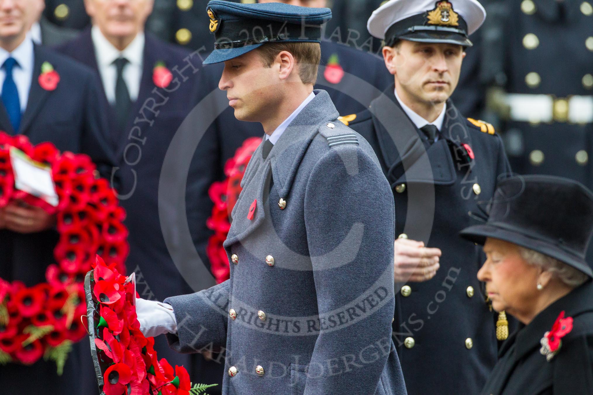 Remembrance Sunday at the Cenotaph in London 2014: HRH The Duke of Cambridge walking towards the Cenotaph with his wreath.
Press stand opposite the Foreign Office building, Whitehall, London SW1,
London,
Greater London,
United Kingdom,
on 09 November 2014 at 11:05, image #203