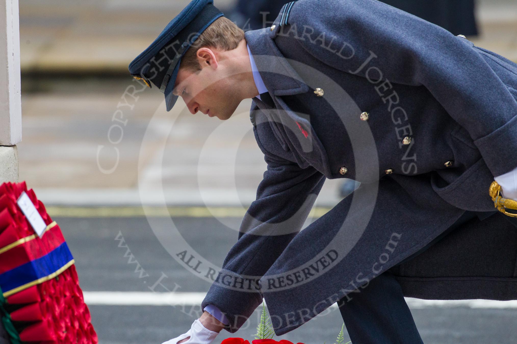 Remembrance Sunday at the Cenotaph in London 2014: HRH The Duke of Cambridge laying his wreath at the Cenotaph.
Press stand opposite the Foreign Office building, Whitehall, London SW1,
London,
Greater London,
United Kingdom,
on 09 November 2014 at 11:05, image #204