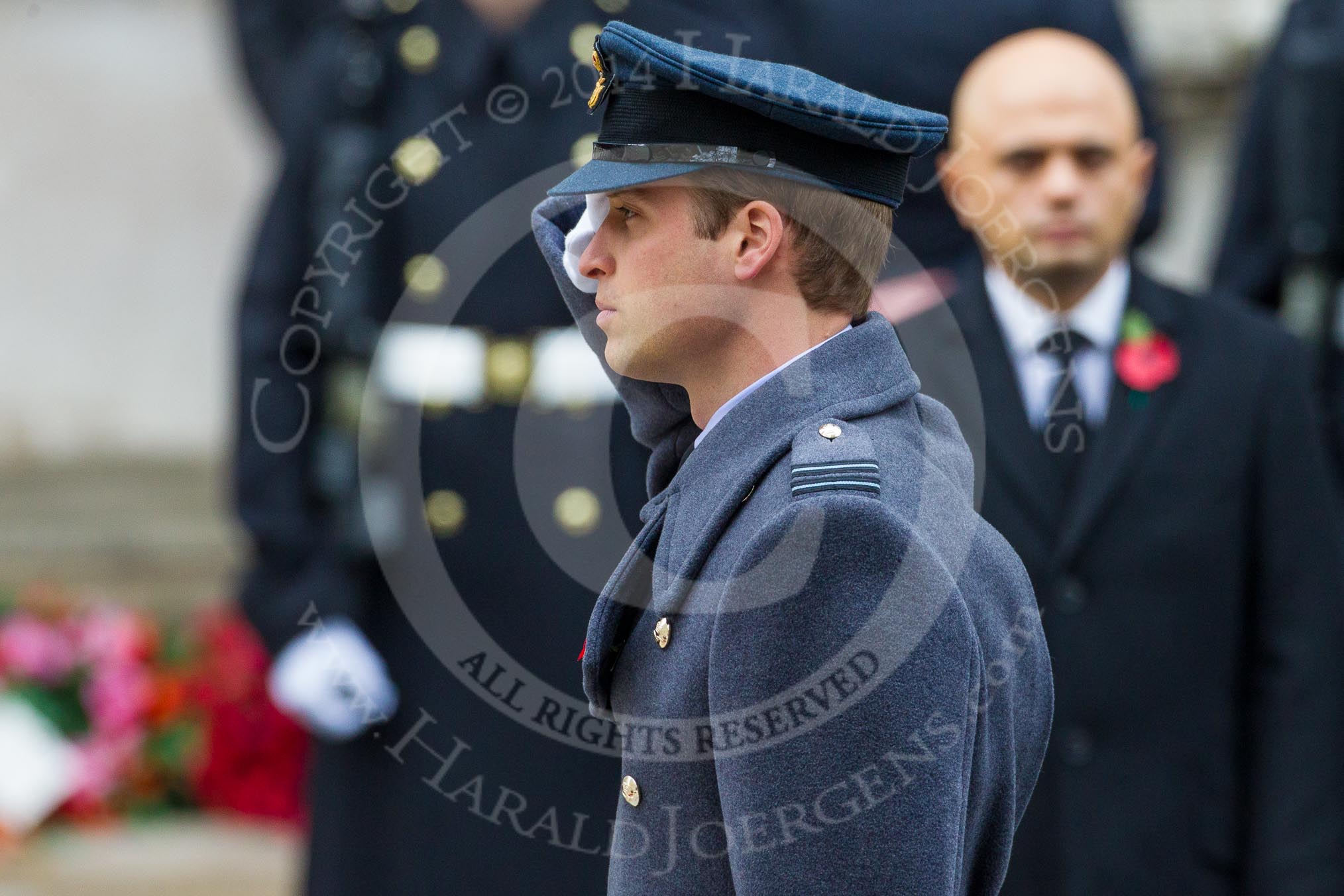 Remembrance Sunday at the Cenotaph in London 2014: HRH The Duke of Cambridge saluting at the Cenotaph.
Press stand opposite the Foreign Office building, Whitehall, London SW1,
London,
Greater London,
United Kingdom,
on 09 November 2014 at 11:05, image #205