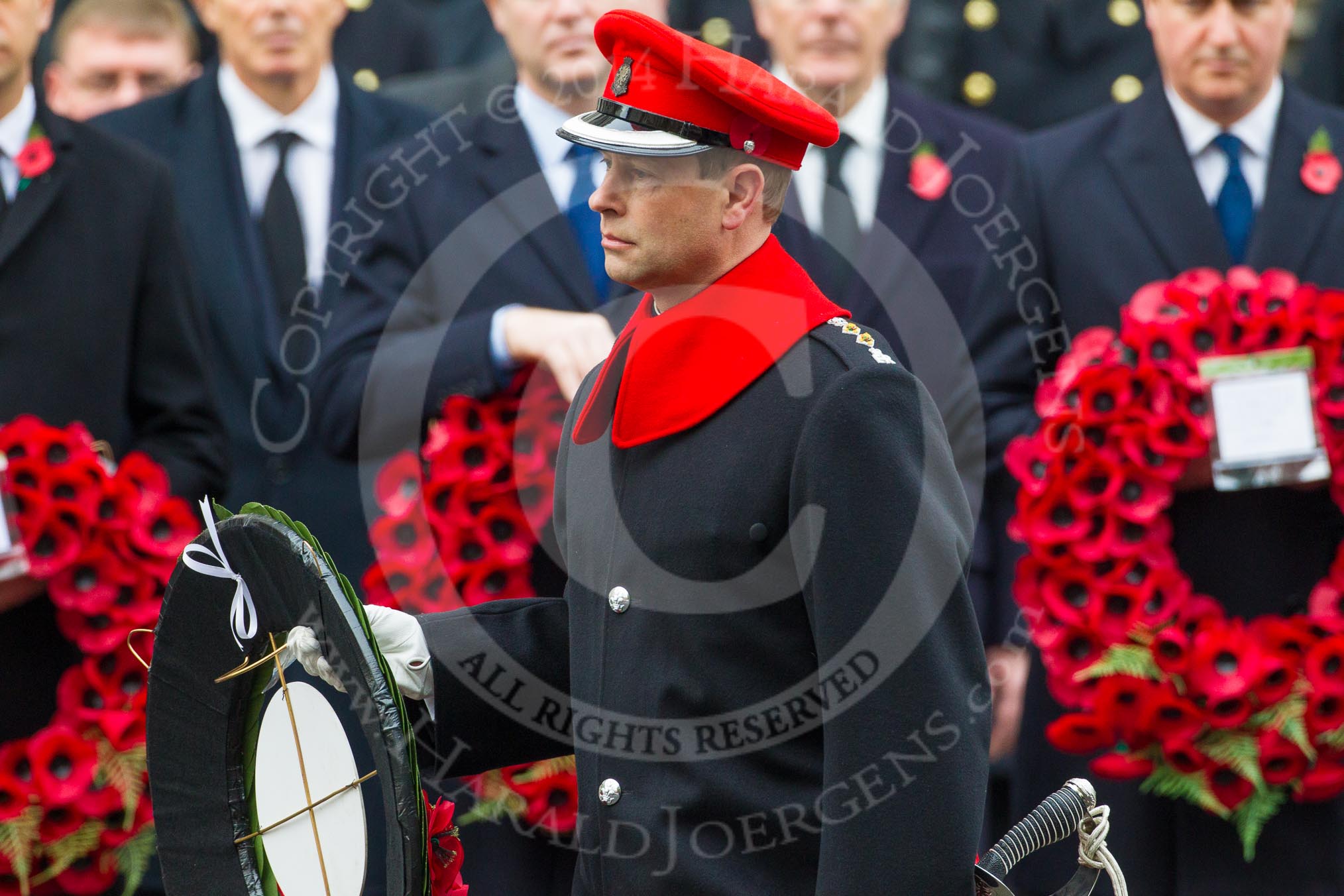 Remembrance Sunday at the Cenotaph in London 2014: HRH The Earl of Wessex walking towards the Cenotaph with his wreath.
Press stand opposite the Foreign Office building, Whitehall, London SW1,
London,
Greater London,
United Kingdom,
on 09 November 2014 at 11:06, image #211