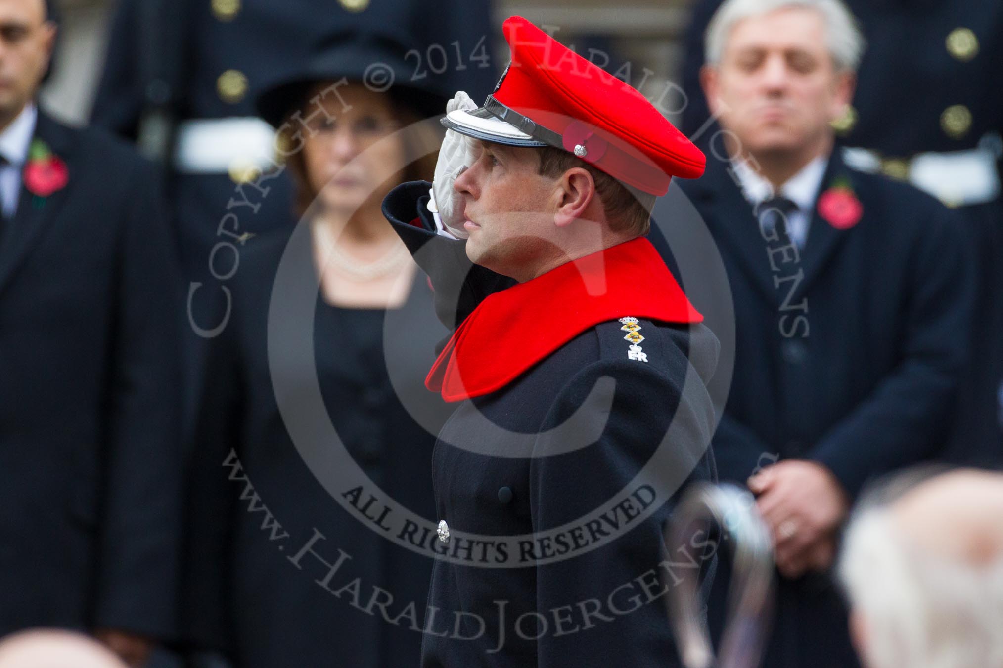 Remembrance Sunday at the Cenotaph in London 2014: HRH The Earl of Wessex saluting at the Cenotaph.
Press stand opposite the Foreign Office building, Whitehall, London SW1,
London,
Greater London,
United Kingdom,
on 09 November 2014 at 11:06, image #213