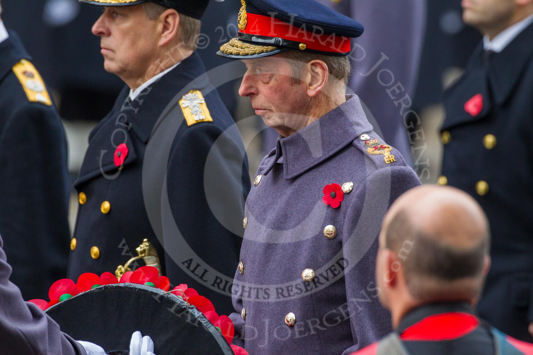 Remembrance Sunday at the Cenotaph in London 2014: HRH The Duke of Kent receiving his wreath from his equerry.
Press stand opposite the Foreign Office building, Whitehall, London SW1,
London,
Greater London,
United Kingdom,
on 09 November 2014 at 11:06, image #214