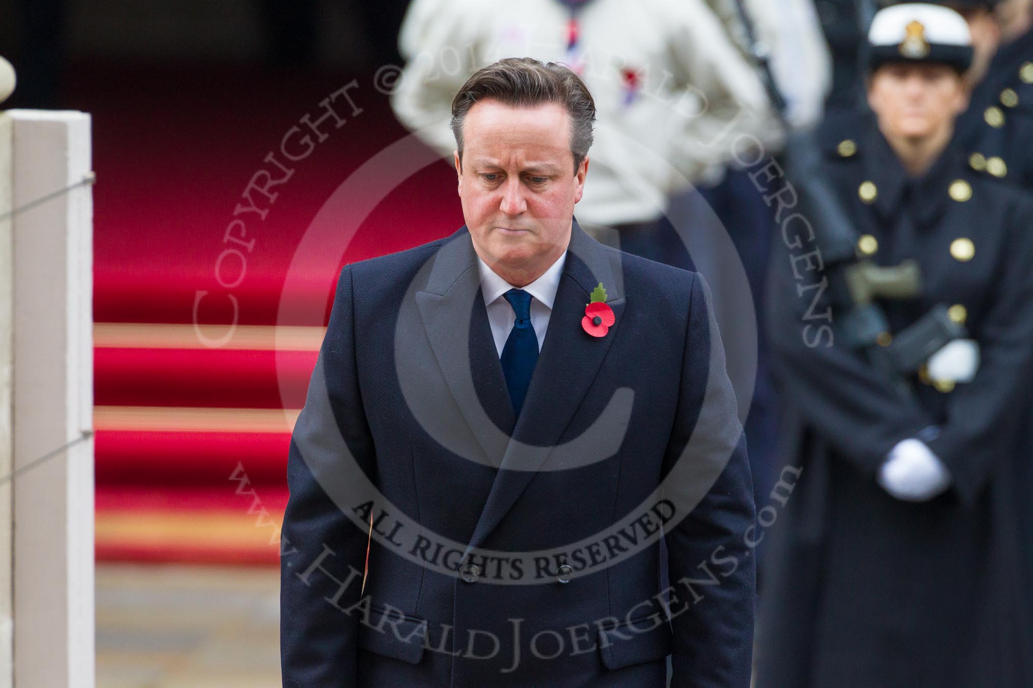 Remembrance Sunday at the Cenotaph in London 2014: Prime Minister David Cameron standing at the Cenotaph after having laid his wreath.
Press stand opposite the Foreign Office building, Whitehall, London SW1,
London,
Greater London,
United Kingdom,
on 09 November 2014 at 11:07, image #221